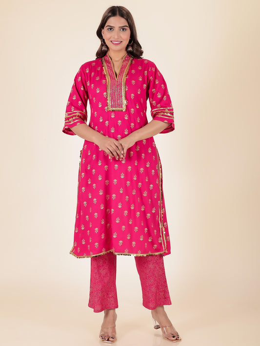 Viscose Gold foil Straight Pink Kurta