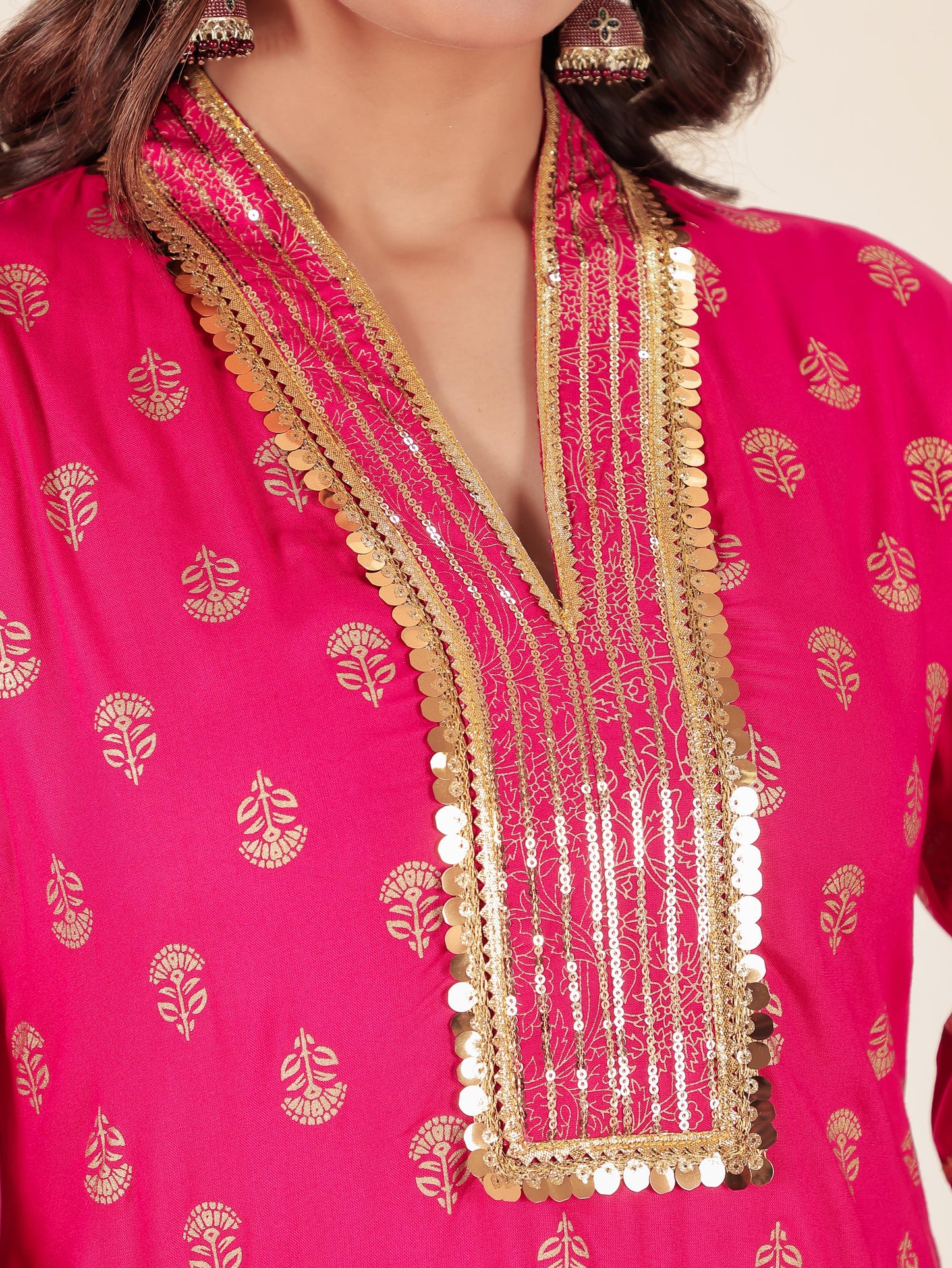 Viscose Gold foil Straight Pink Kurta