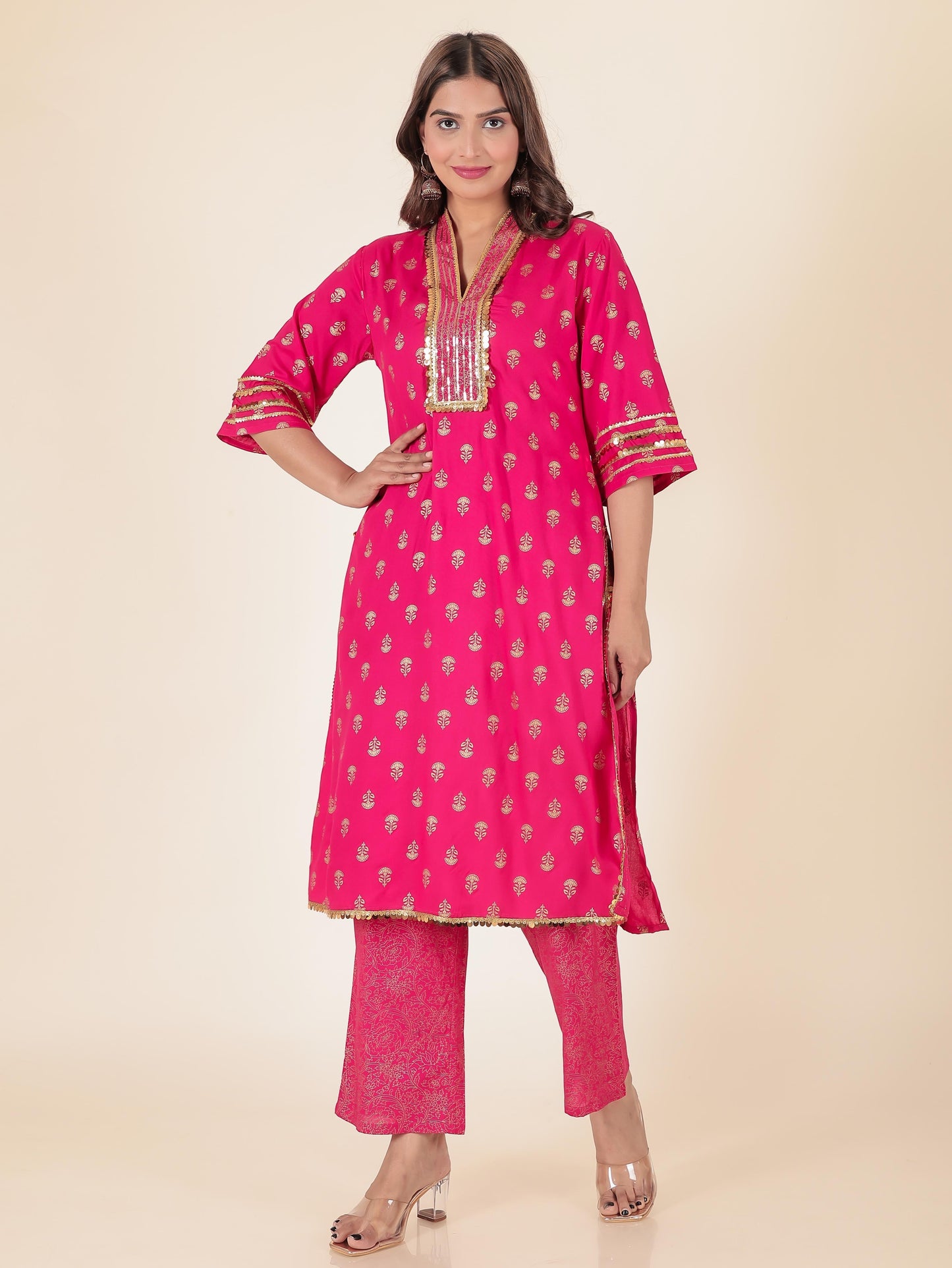 Viscose Gold foil Straight Pink Kurta