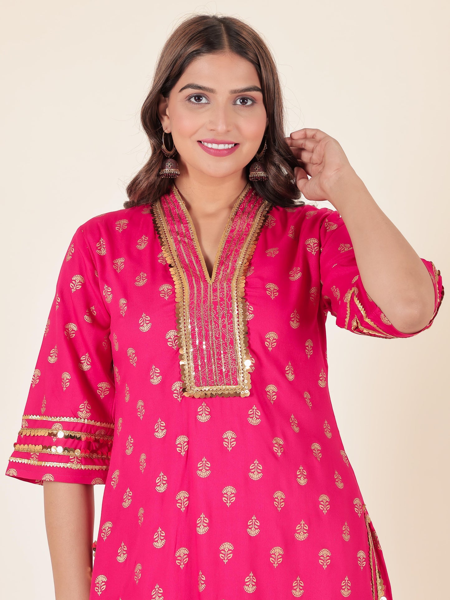 Viscose Gold foil Straight Pink Kurta