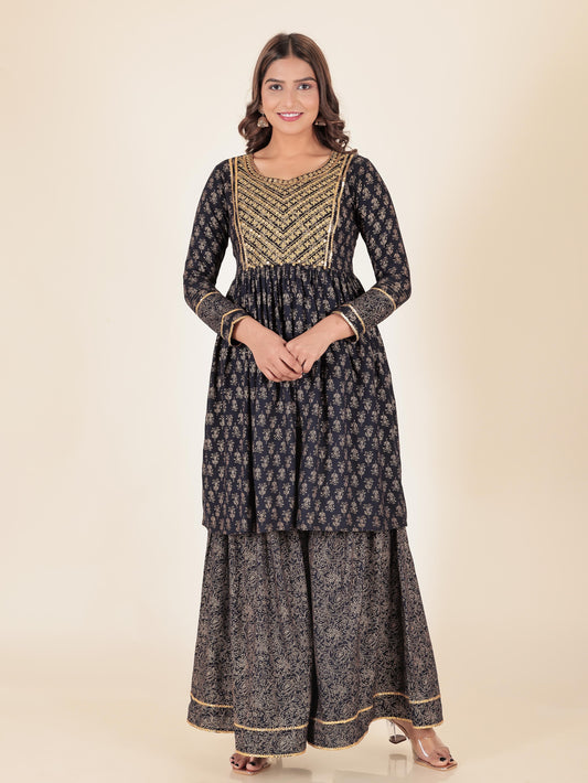 Viscose Gold foil Flared Blue Kurta
