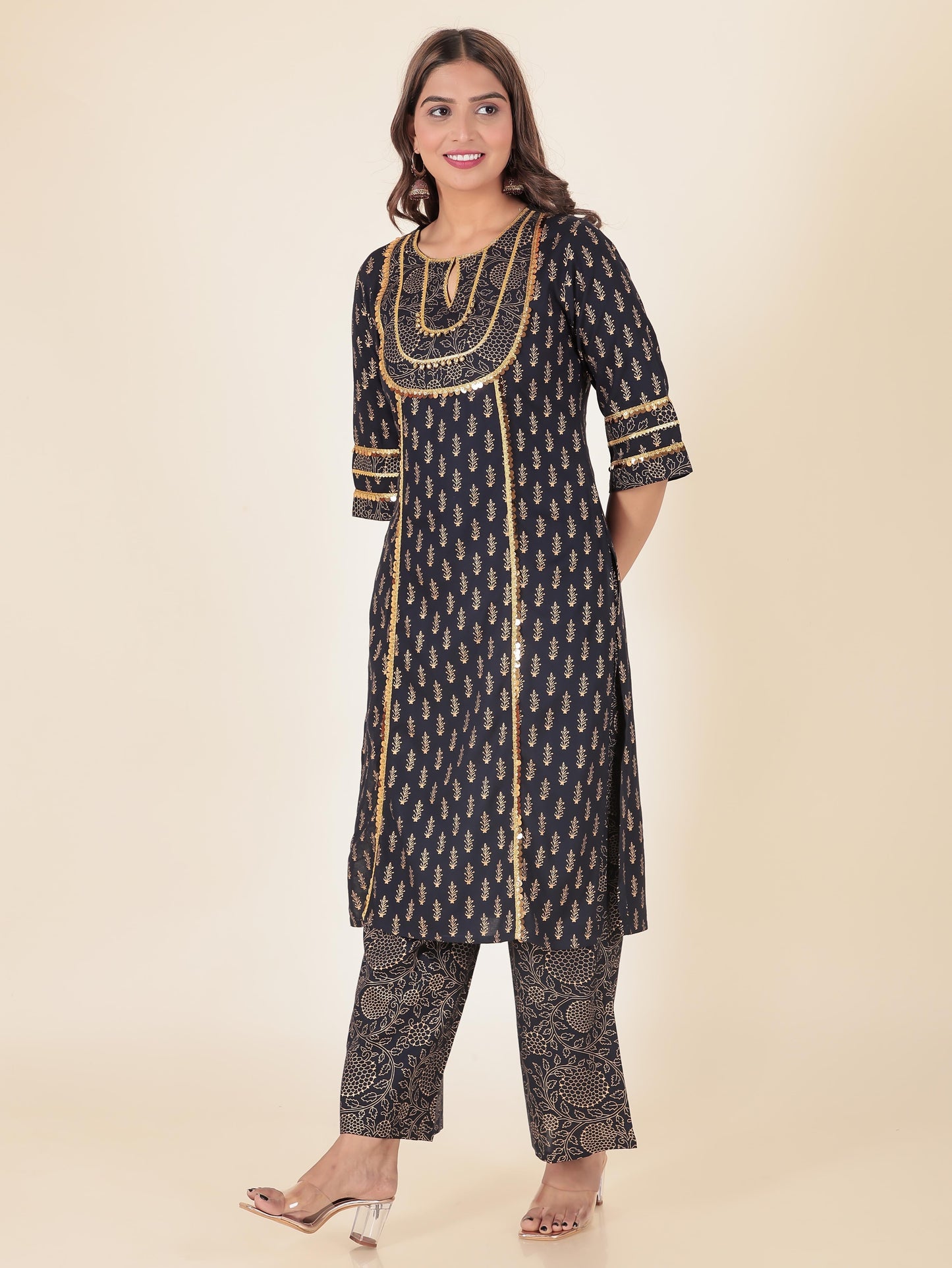 Viscose Gold foil Straight Blue Kurta