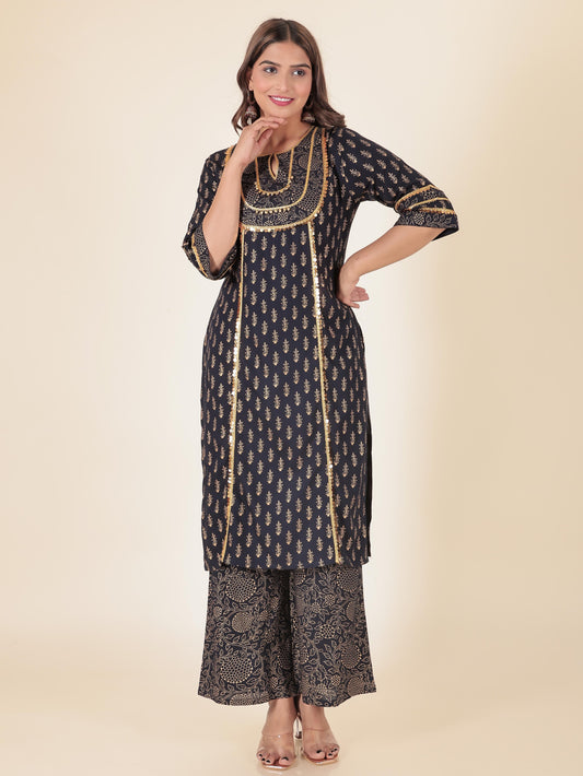 Viscose Gold foil Straight Blue Kurta