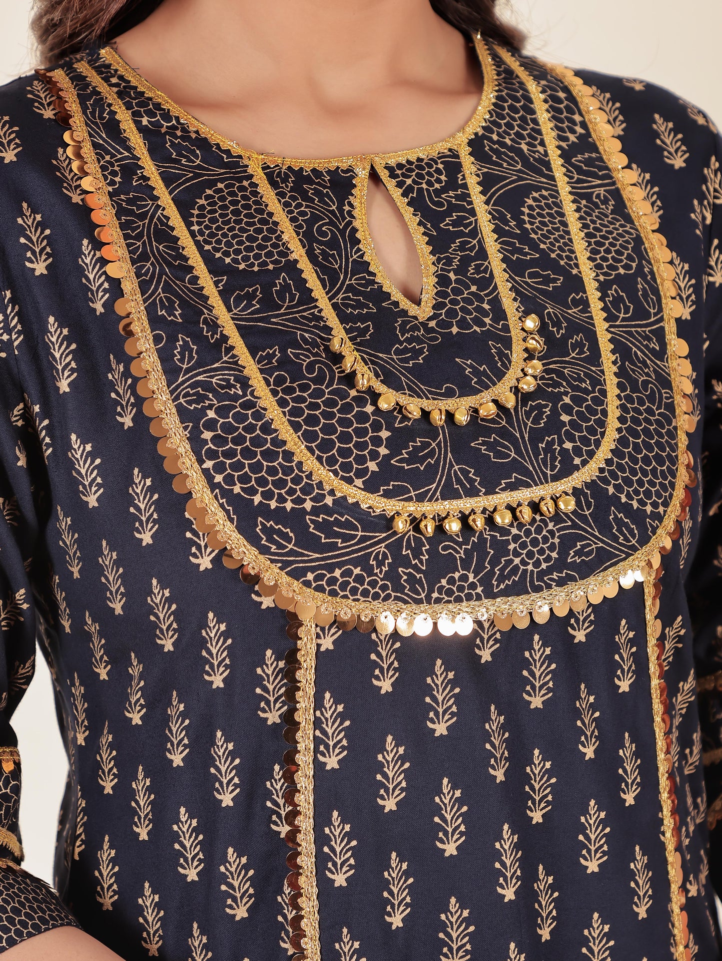 Viscose Gold foil Straight Blue Kurta
