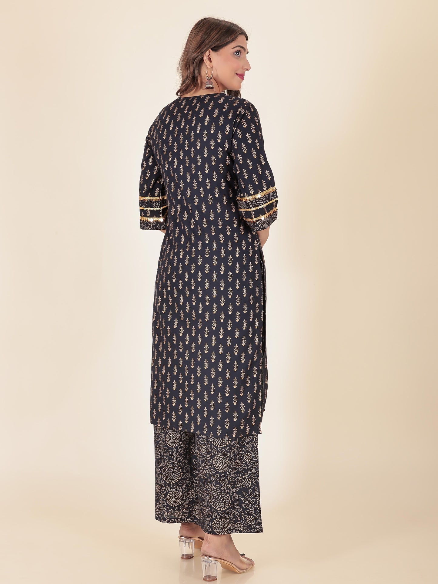Viscose Gold foil Straight Blue Kurta