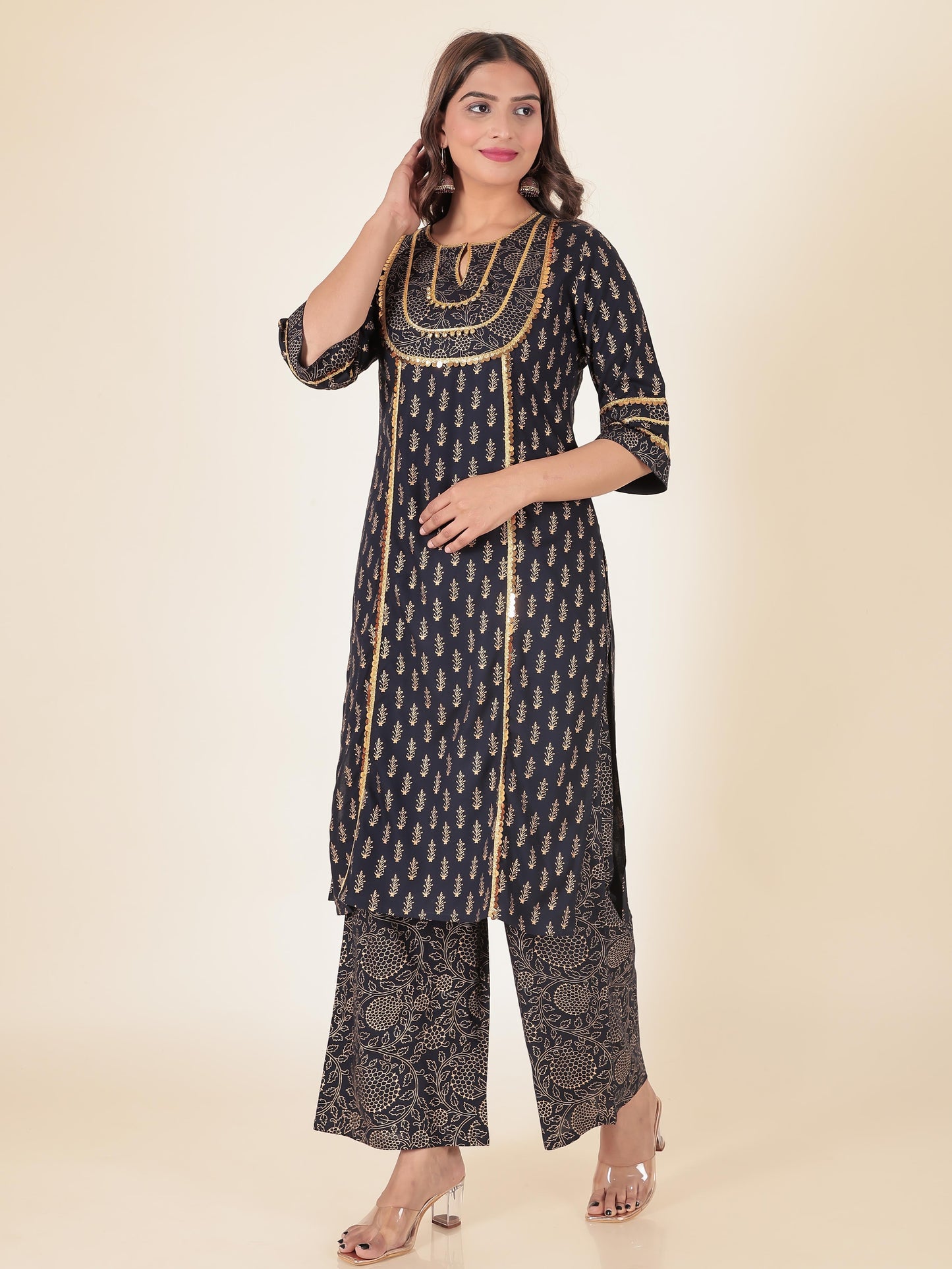 Viscose Gold foil Straight Blue Kurta