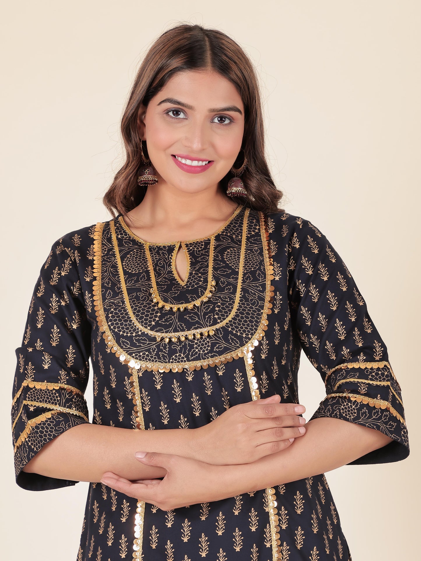 Viscose Gold foil Straight Blue Kurta