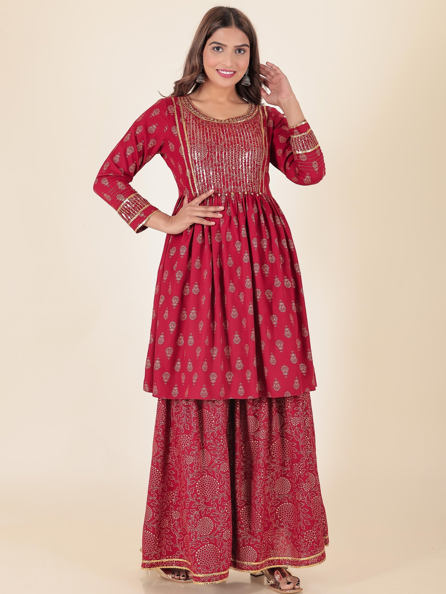 Viscose Gold foil Flared Red Kurta