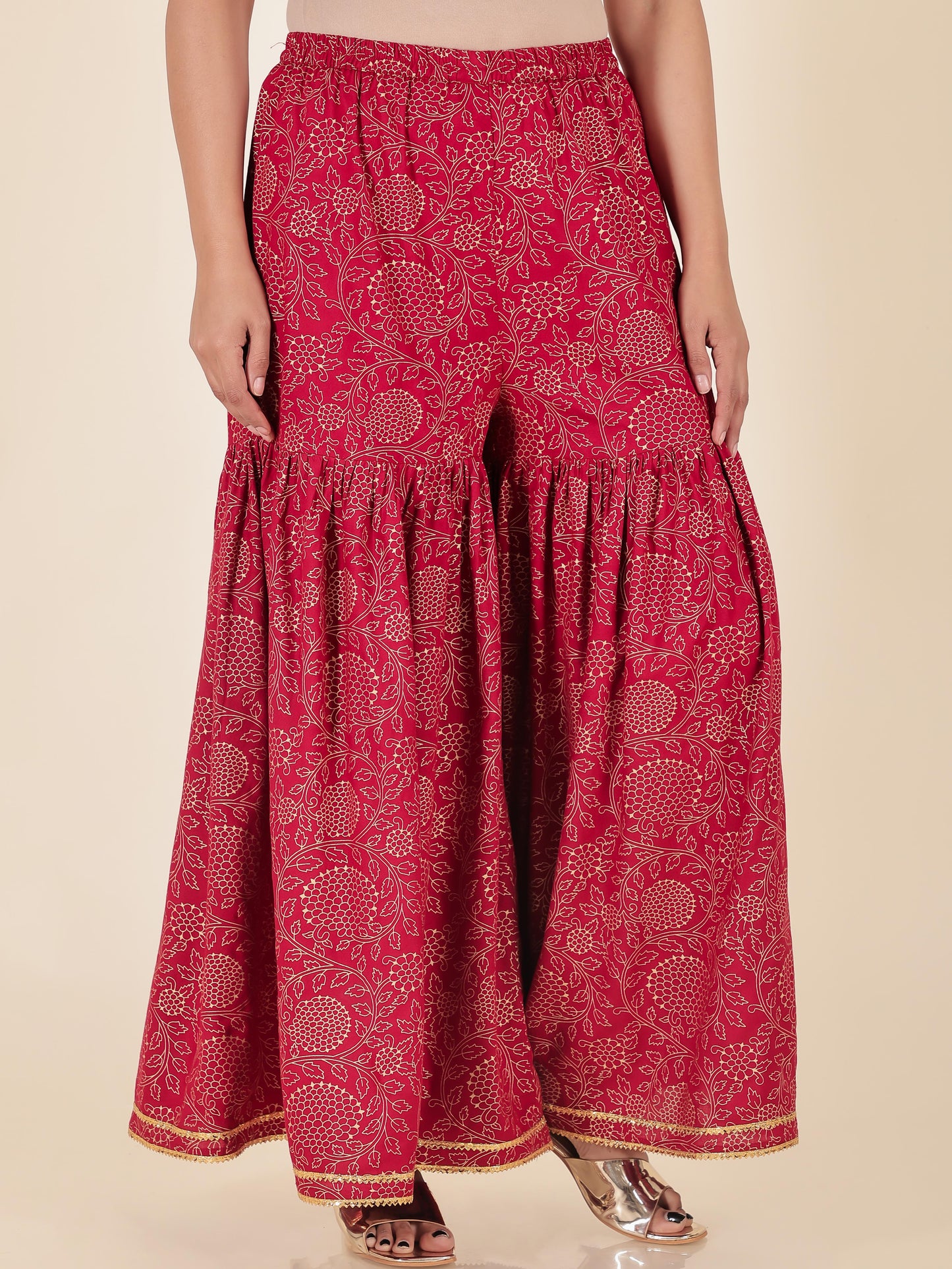 Viscose Gold foil Flared Red Kurta