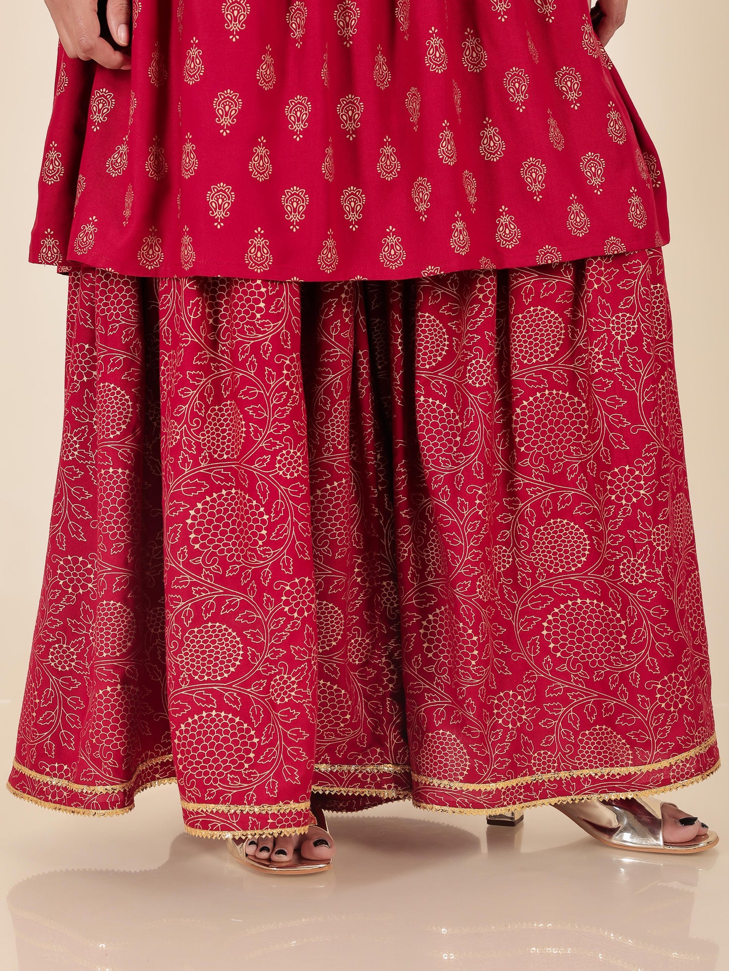 Viscose Gold foil Flared Red Kurta