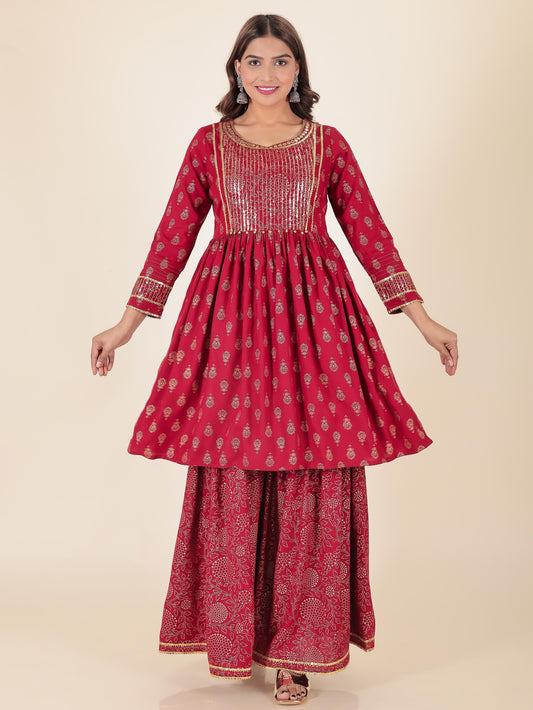 Viscose Gold foil Flared Red Kurta