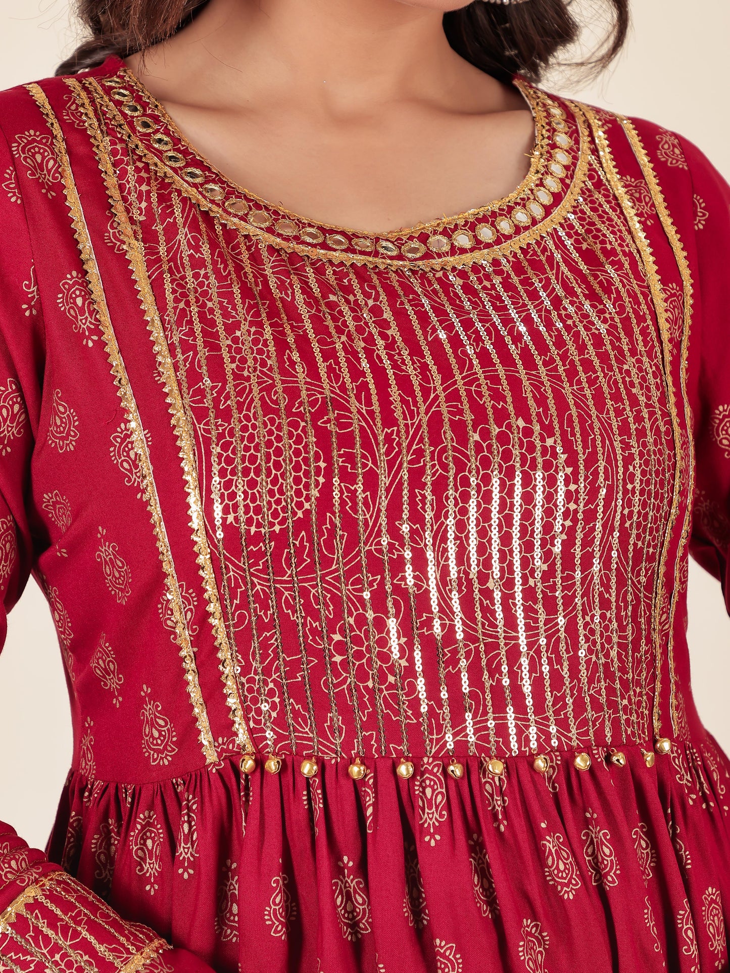 Viscose Gold foil Flared Red Kurta