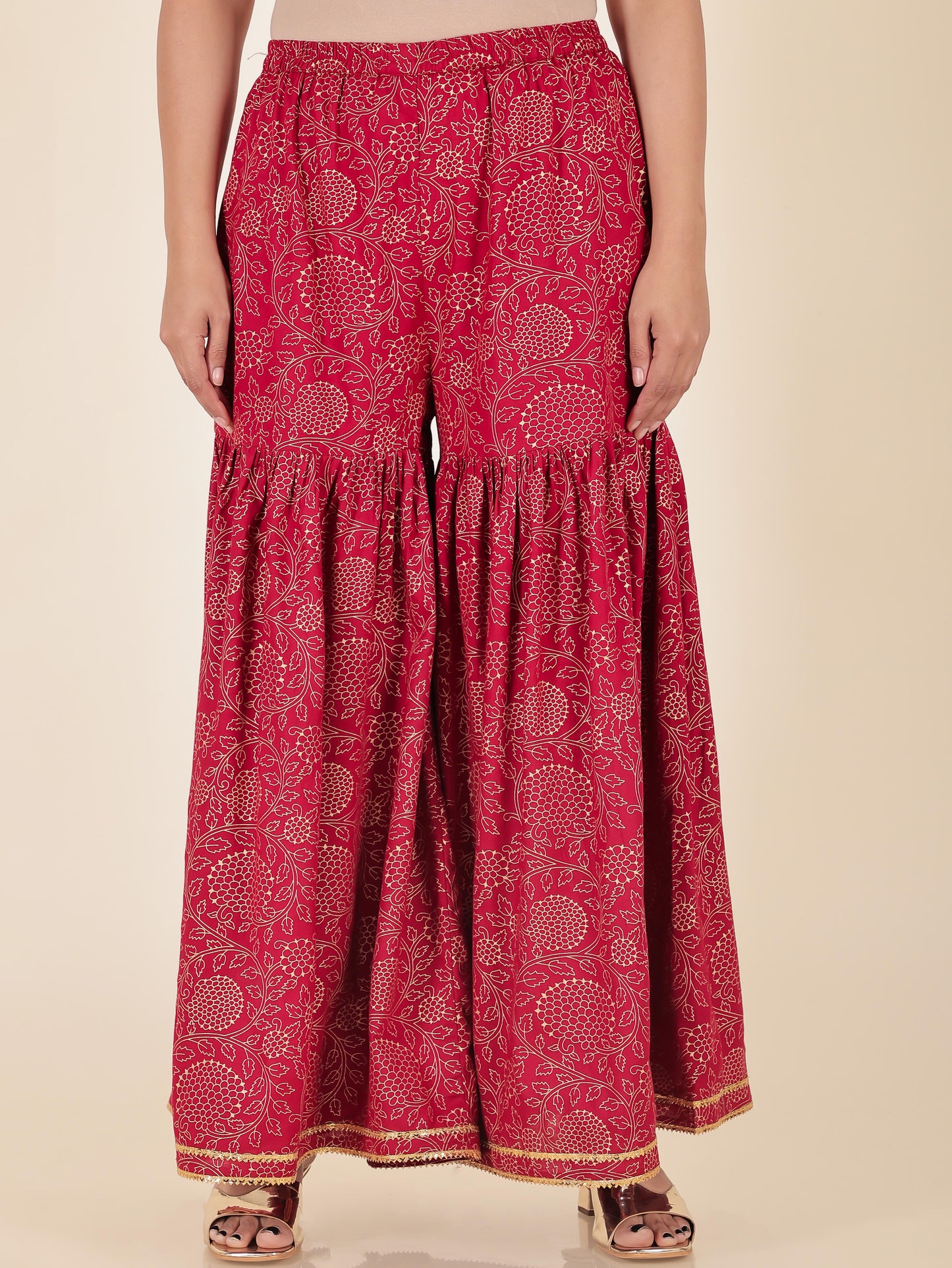 Viscose Gold foil Flared Red Kurta