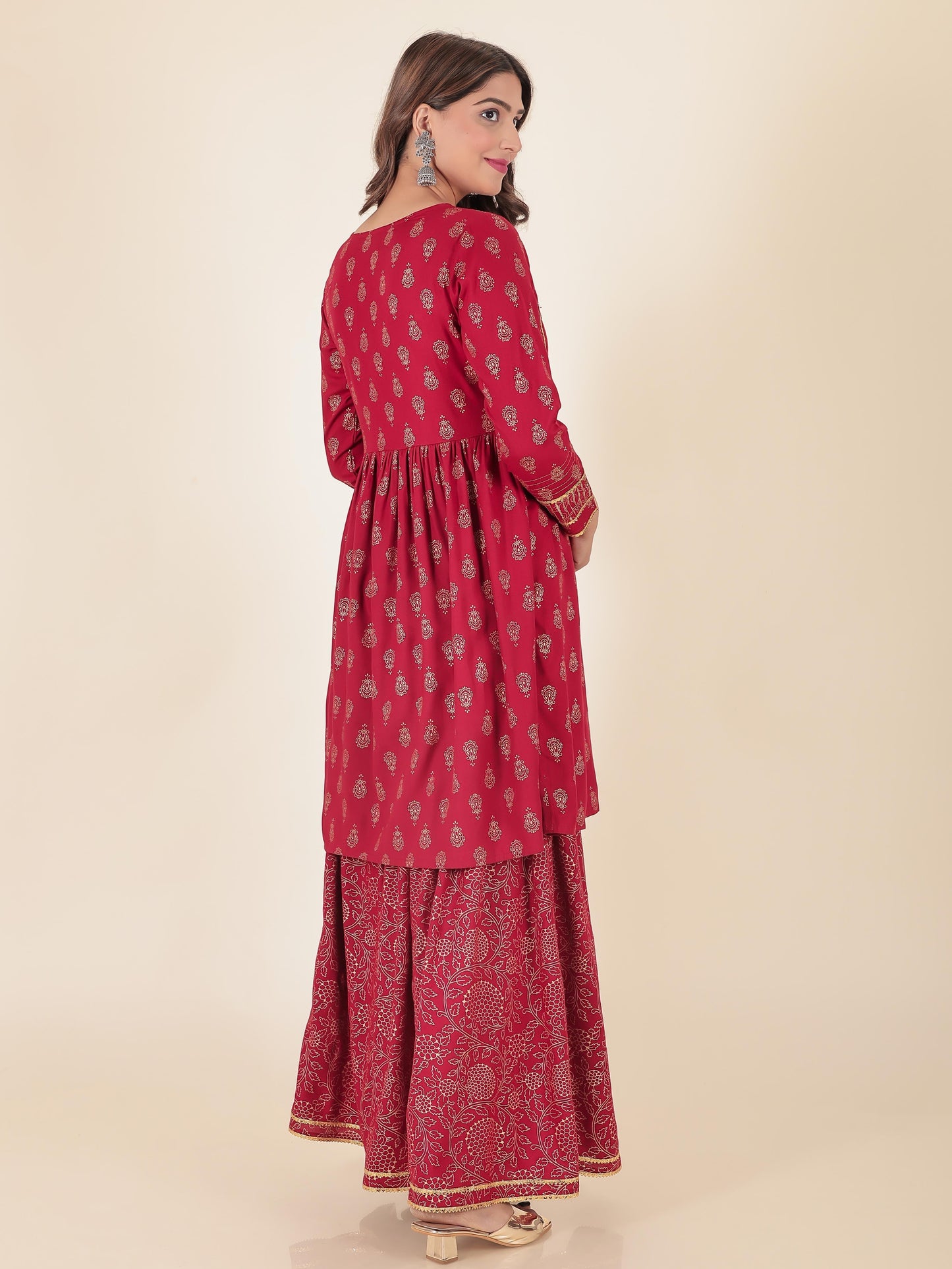 Viscose Gold foil Flared Red Kurta