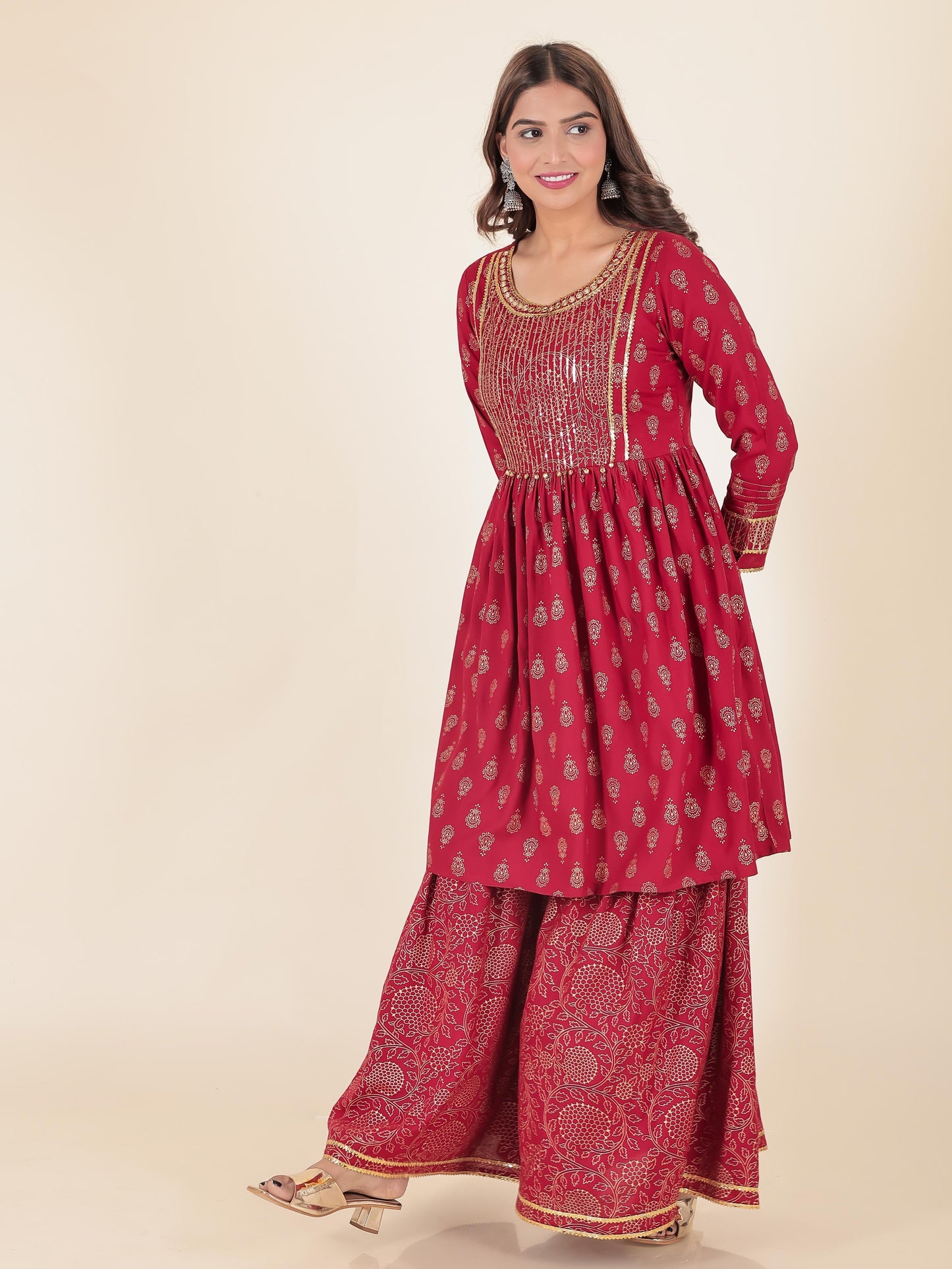 Viscose Gold foil Flared Red Kurta