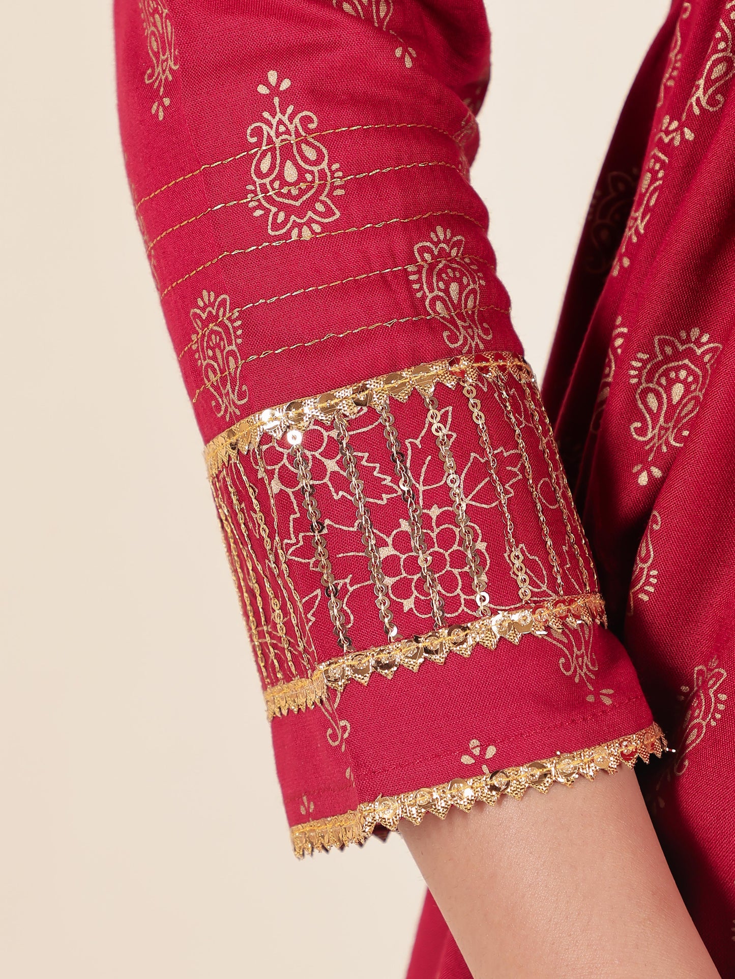 Viscose Gold foil Flared Red Kurta