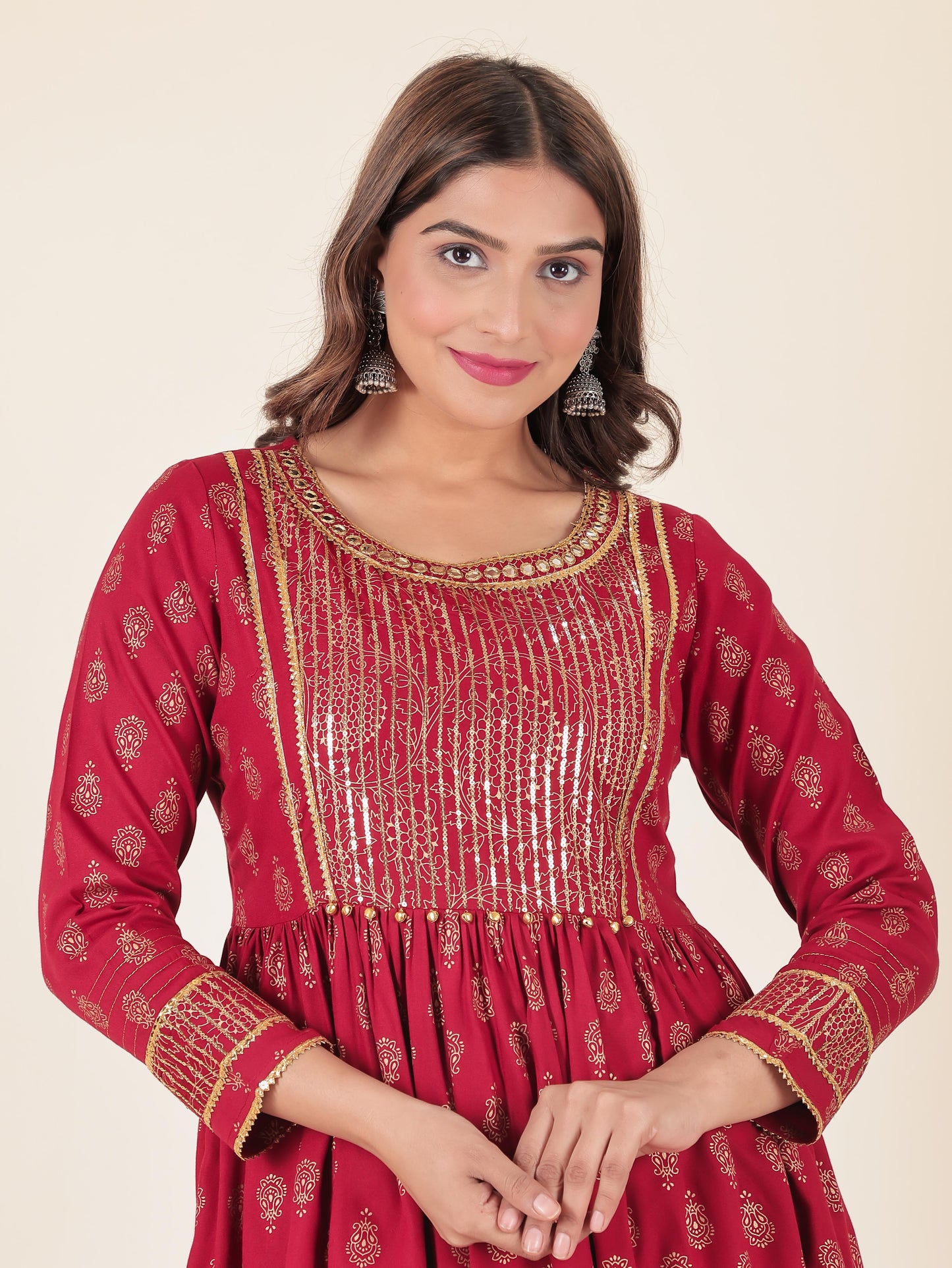 Viscose Gold foil Flared Red Kurta