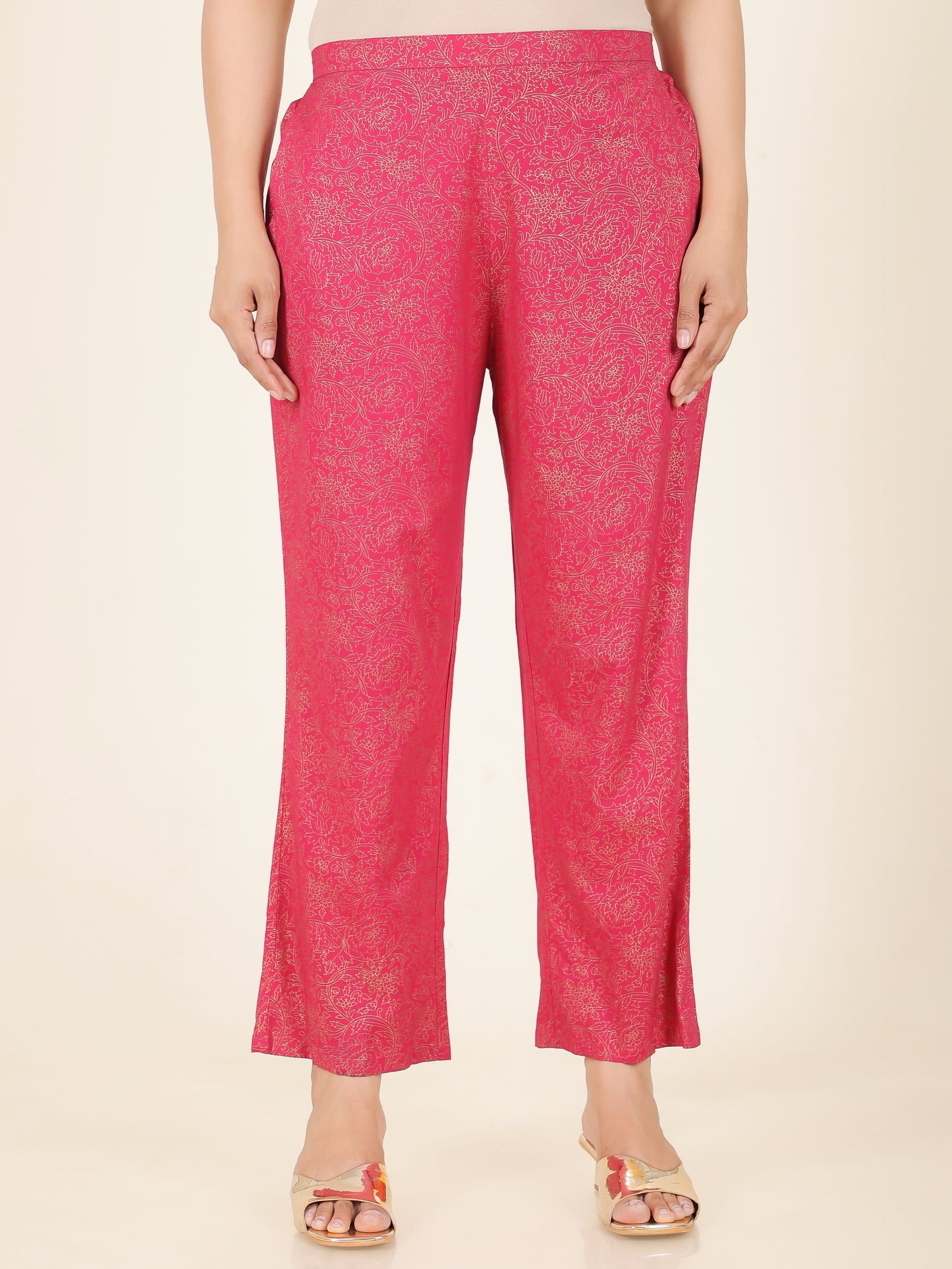 Viscose Gold foil Royal Pink Straight Trousers