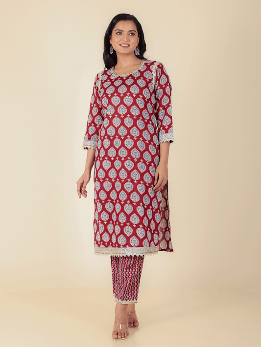 Soft Cotton Floral Straight Maroon Kurta