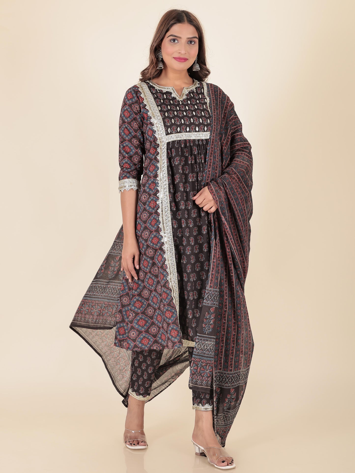 Soft Cotton Geometric Panelled Black Kurta