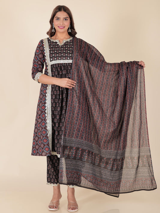Soft Cotton Geometric Panelled Black Kurta