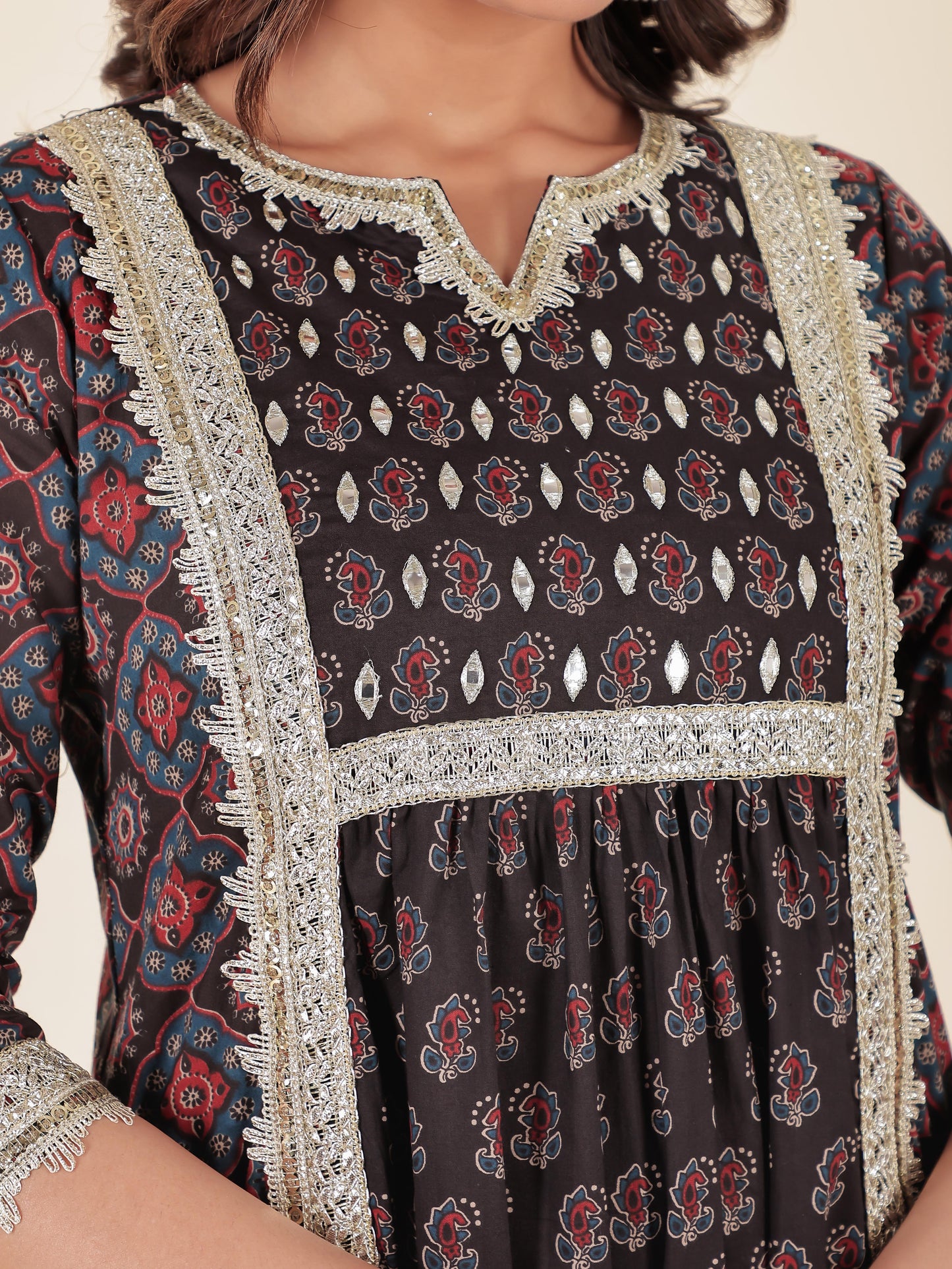 Soft Cotton Geometric Panelled Black Kurta
