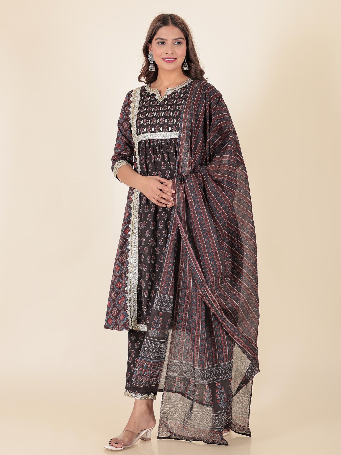 Soft Cotton Geometric Panelled Black Kurta