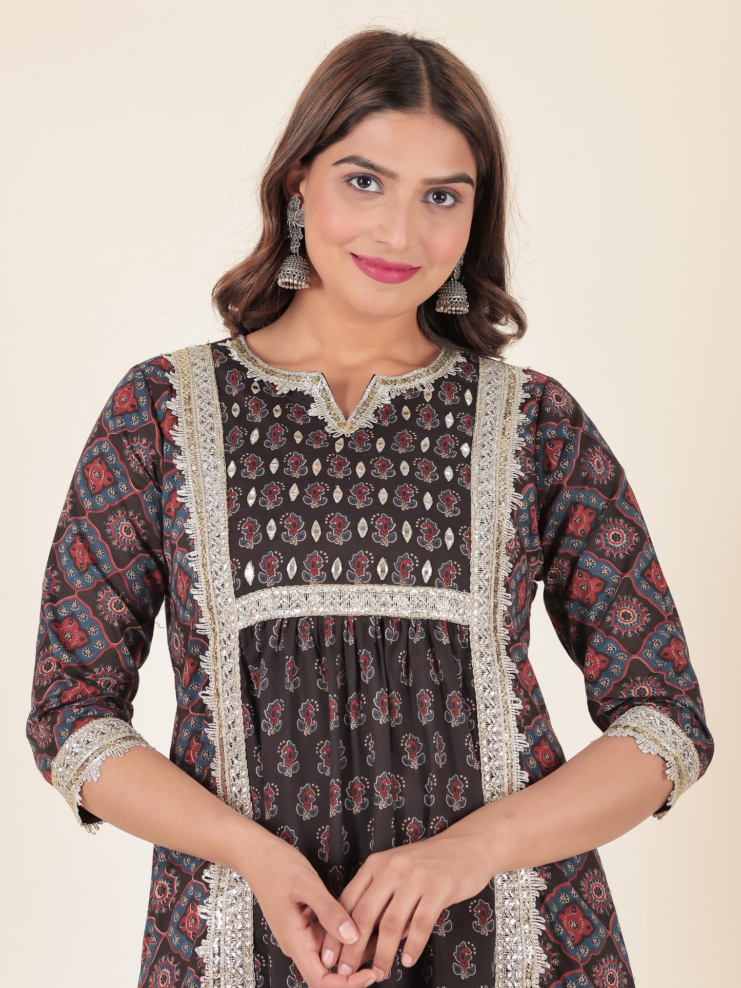 Soft Cotton Geometric Panelled Black Kurta