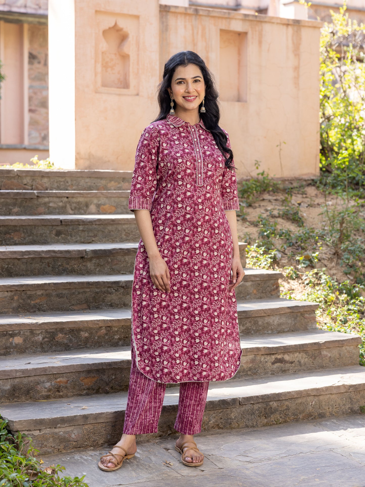 Soft Cotton Floral Pathani Purple Kurta