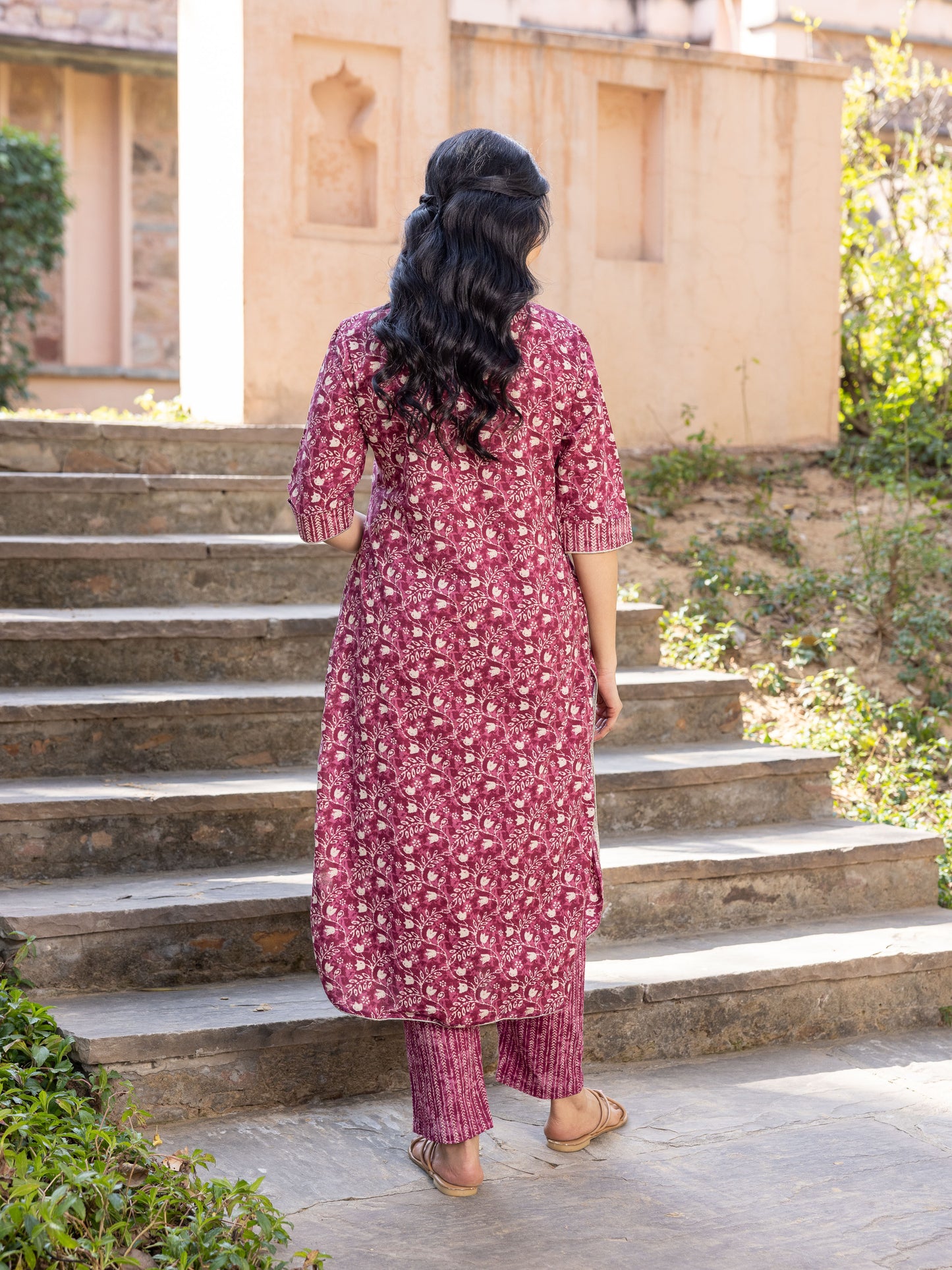 Soft Cotton Floral Pathani Purple Kurta