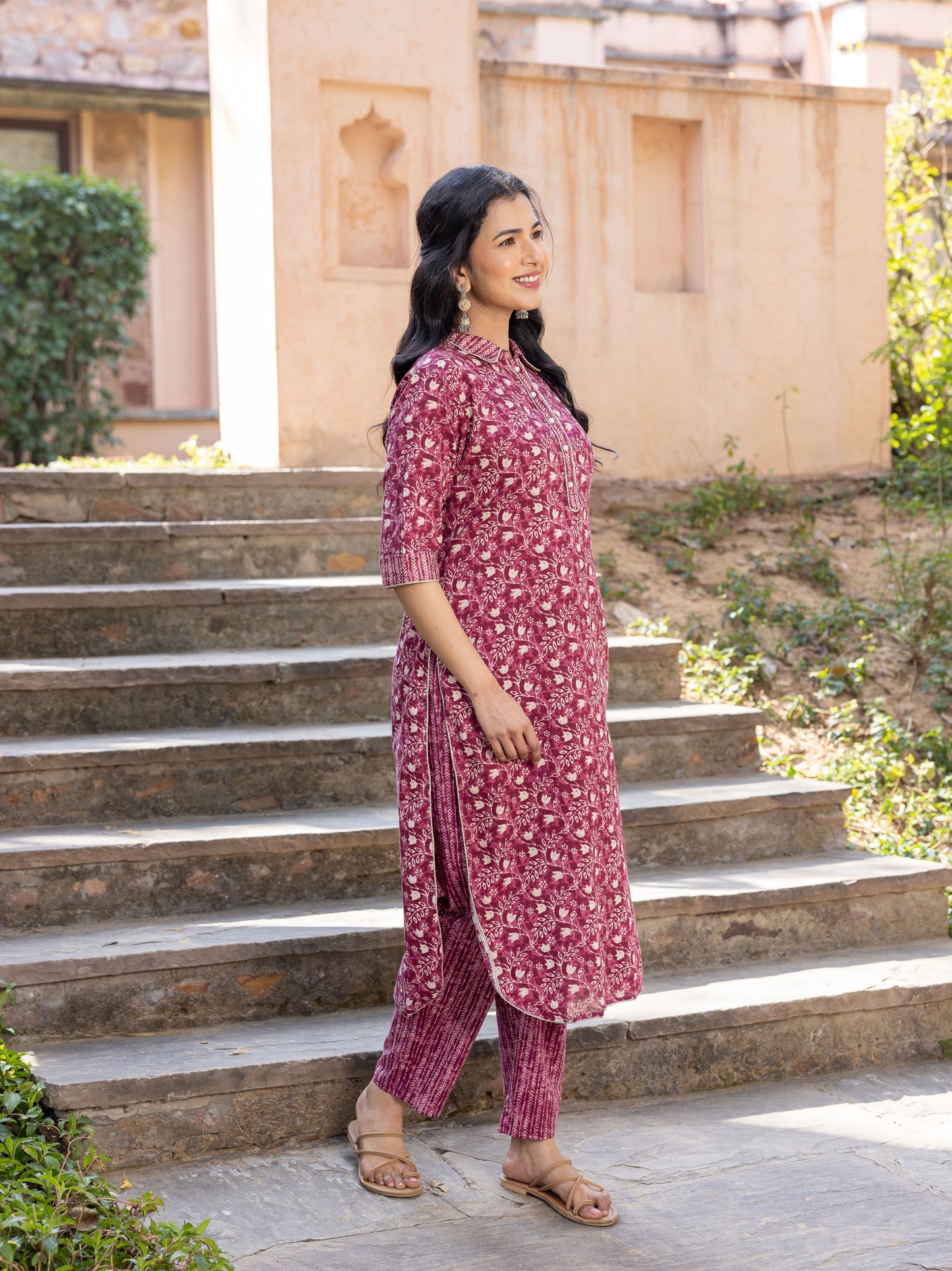 Soft Cotton Floral Pathani Purple Kurta