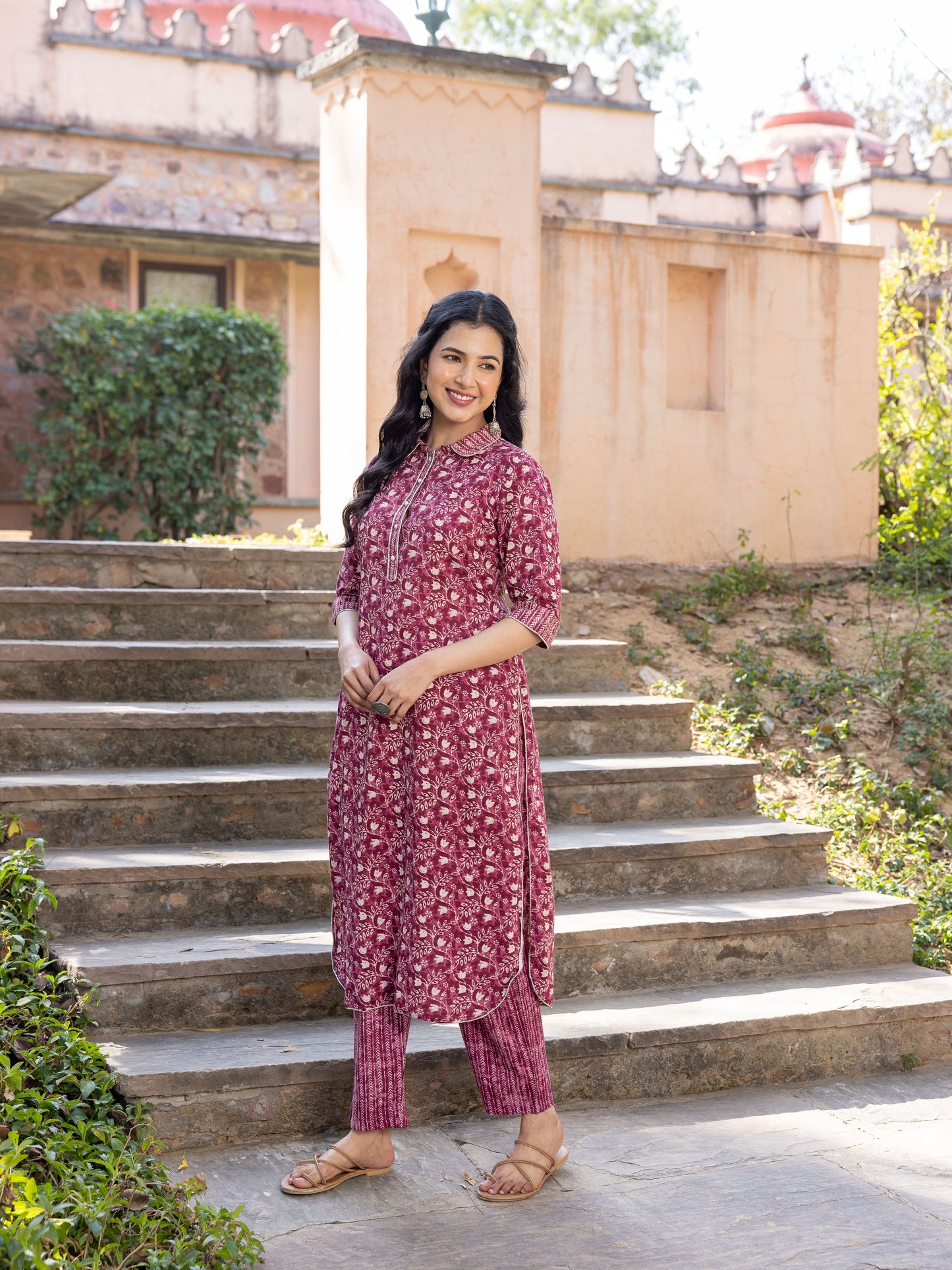 Soft Cotton Floral Pathani Purple Kurta