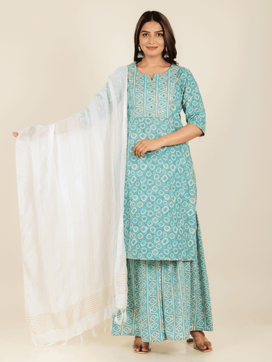 Soft Cotton Geometric Straight Green Kurta