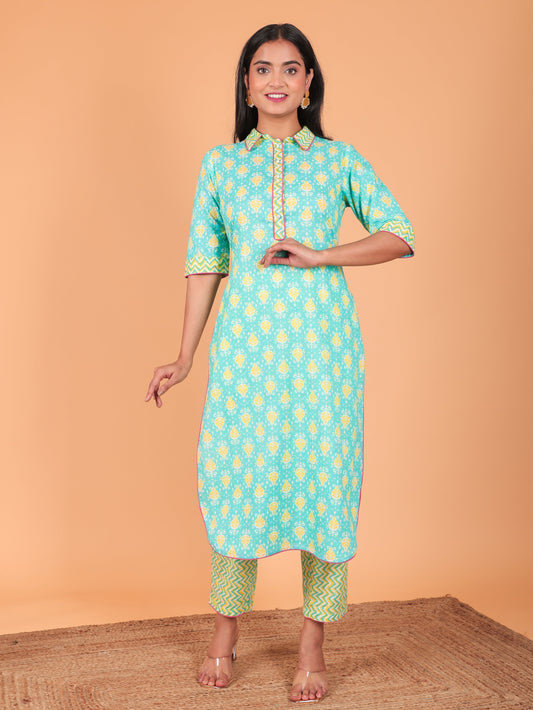 Soft Cotton Ikat Pathani Turquoise Kurta