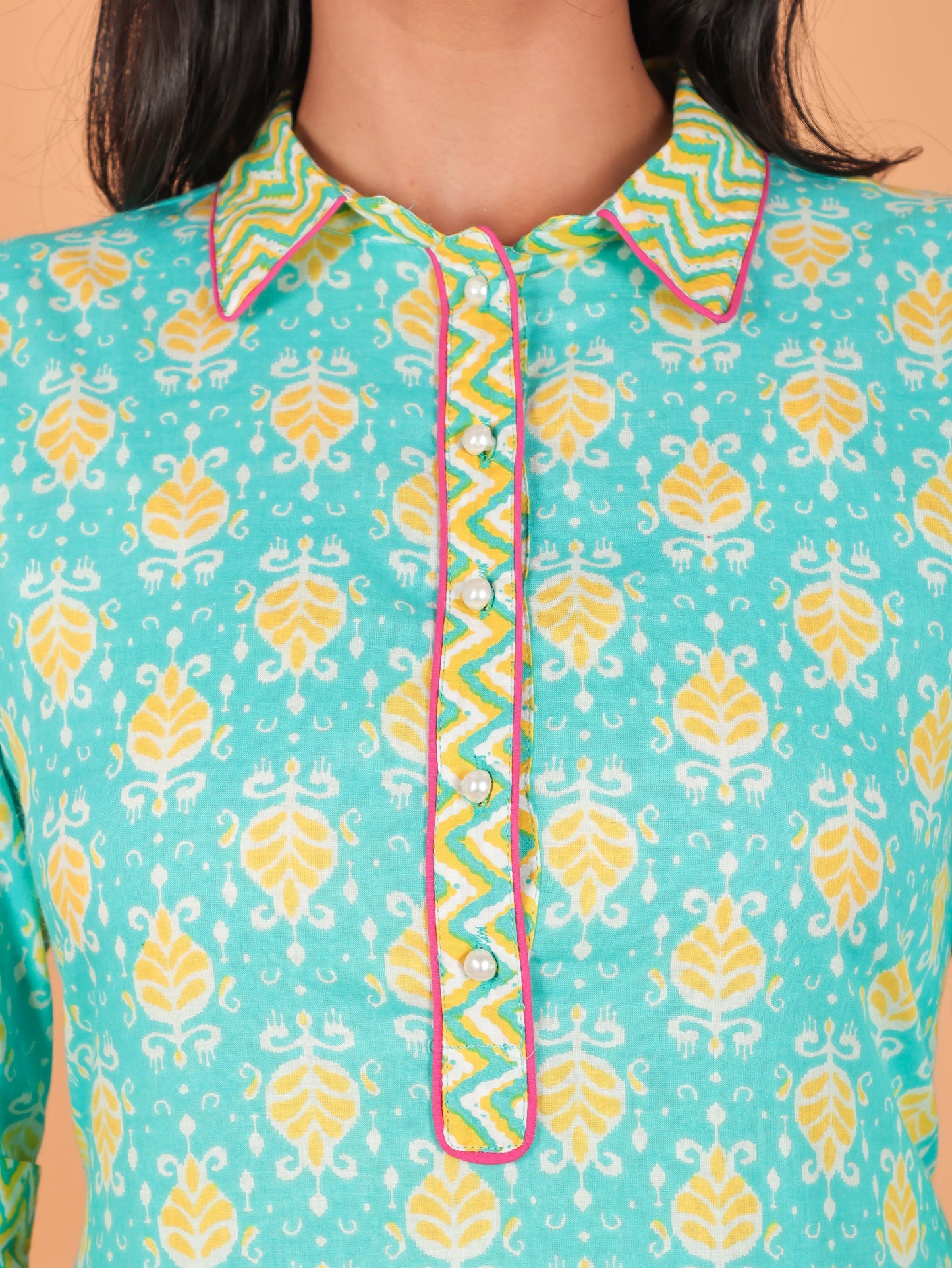Soft Cotton Ikat Pathani Turquoise Kurta