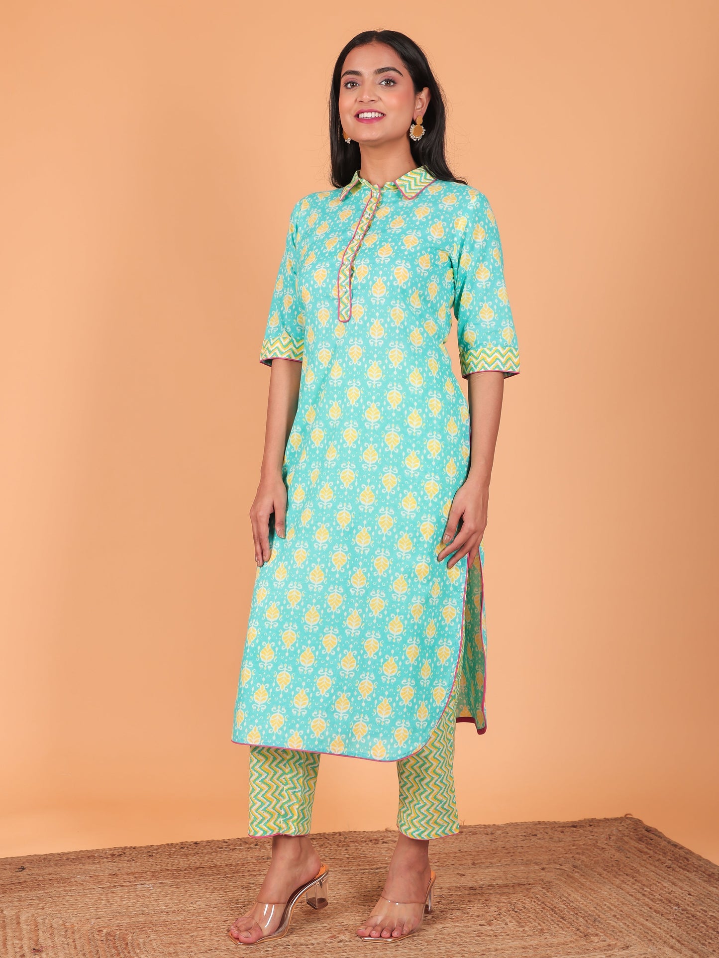 Soft Cotton Ikat Pathani Turquoise Kurta