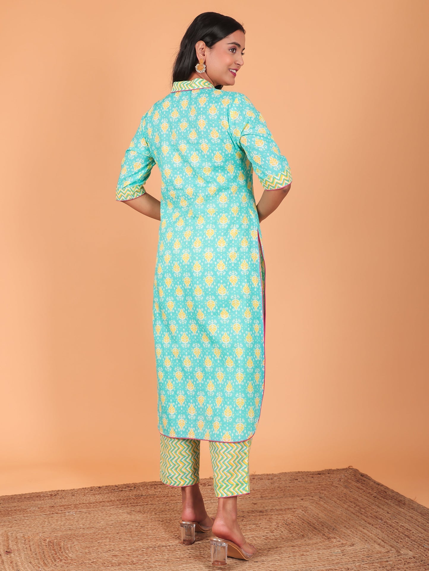 Soft Cotton Ikat Pathani Turquoise Kurta