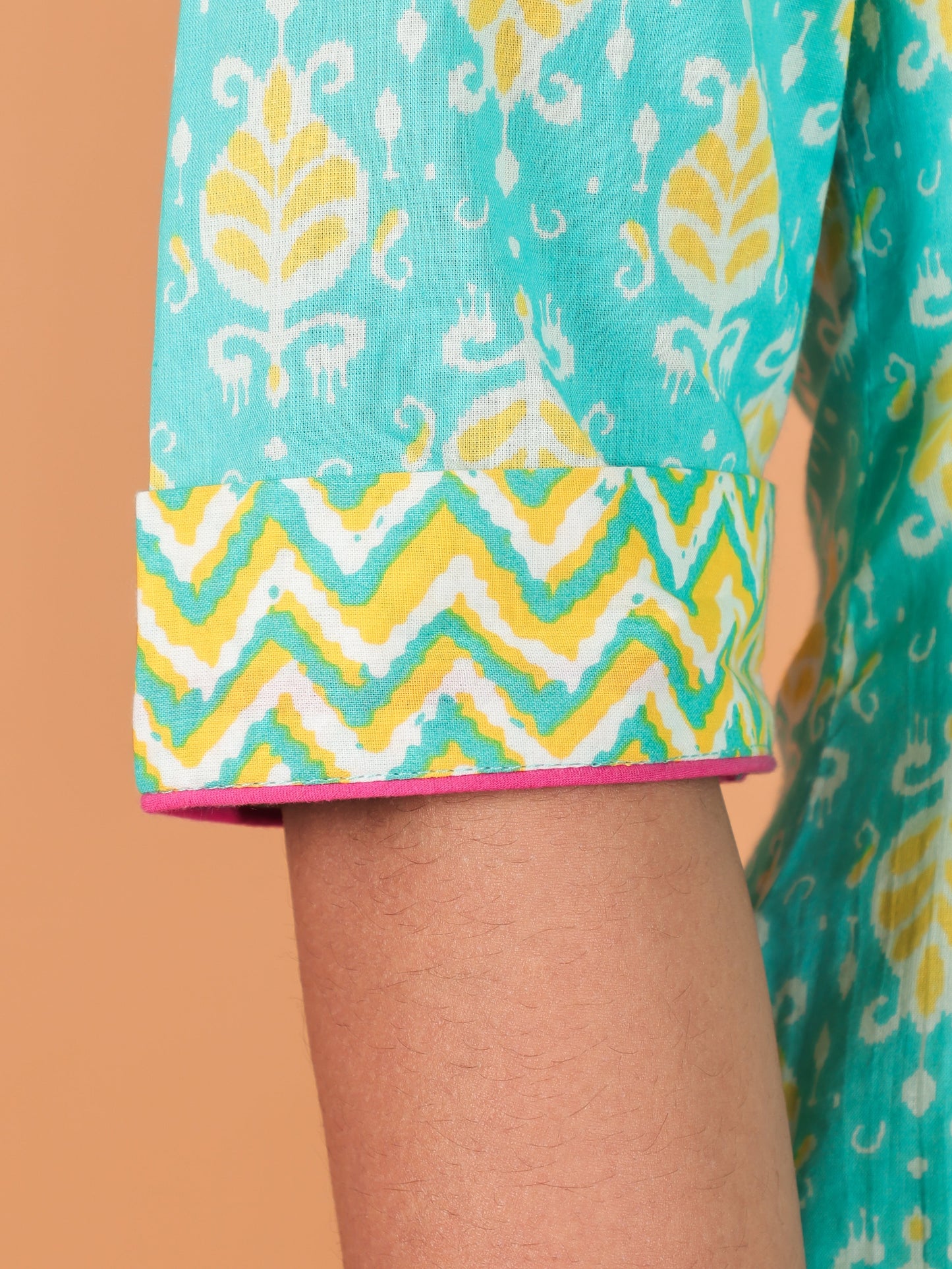 Soft Cotton Ikat Pathani Turquoise Kurta