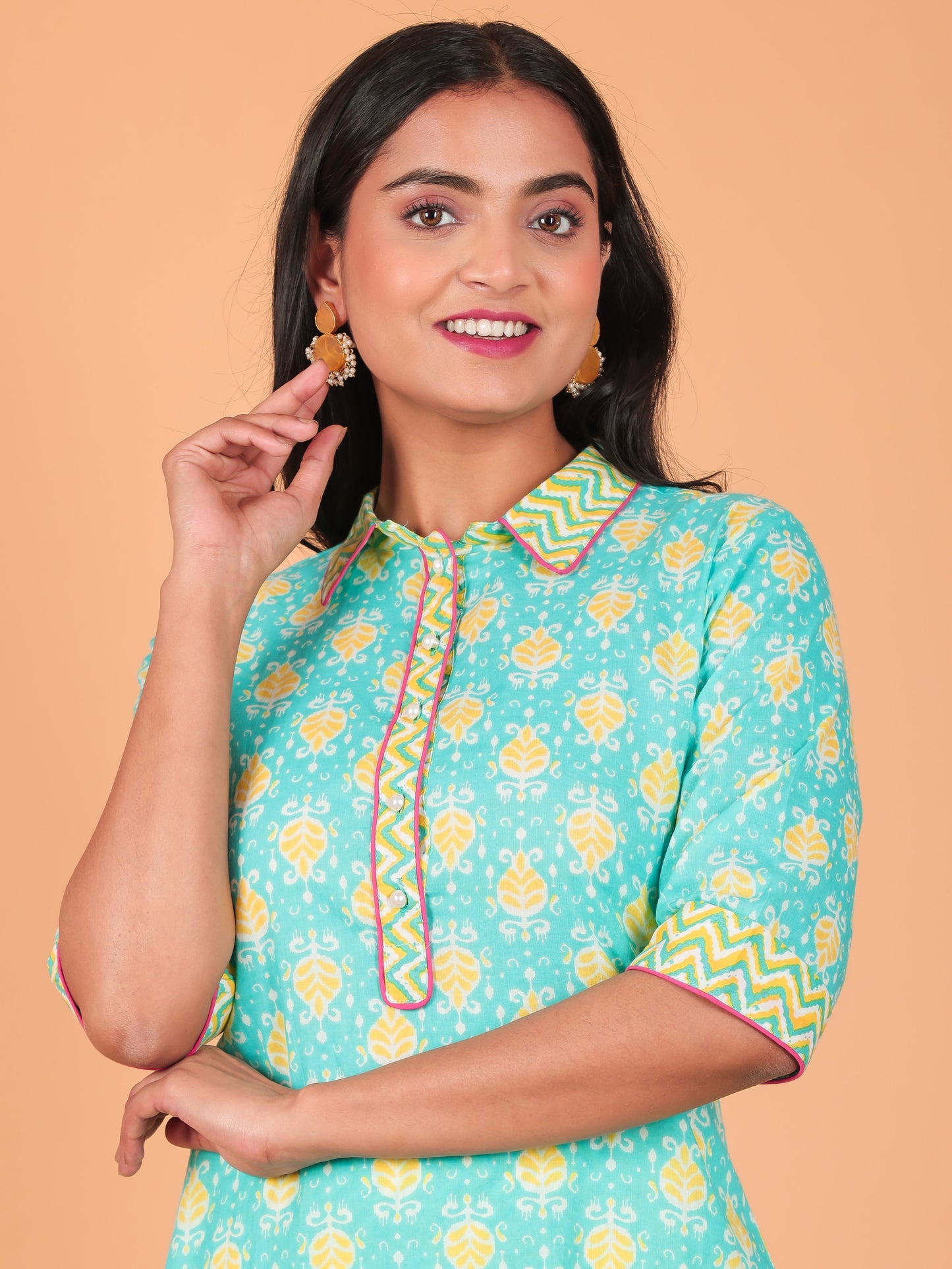 Soft Cotton Ikat Pathani Turquoise Kurta
