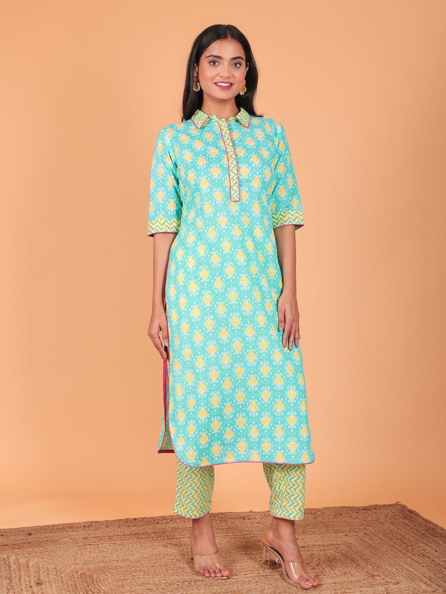 Soft Cotton Ikat Pathani Turquoise Kurta