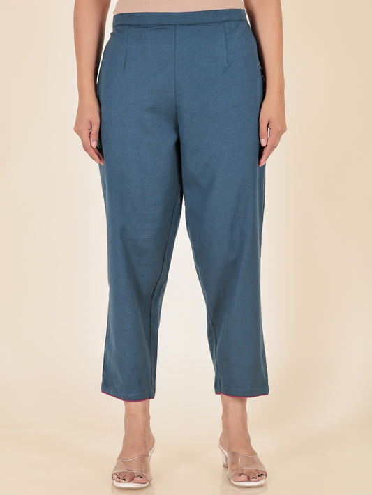 Linen Cotton Solid Blue Tapered Trousers