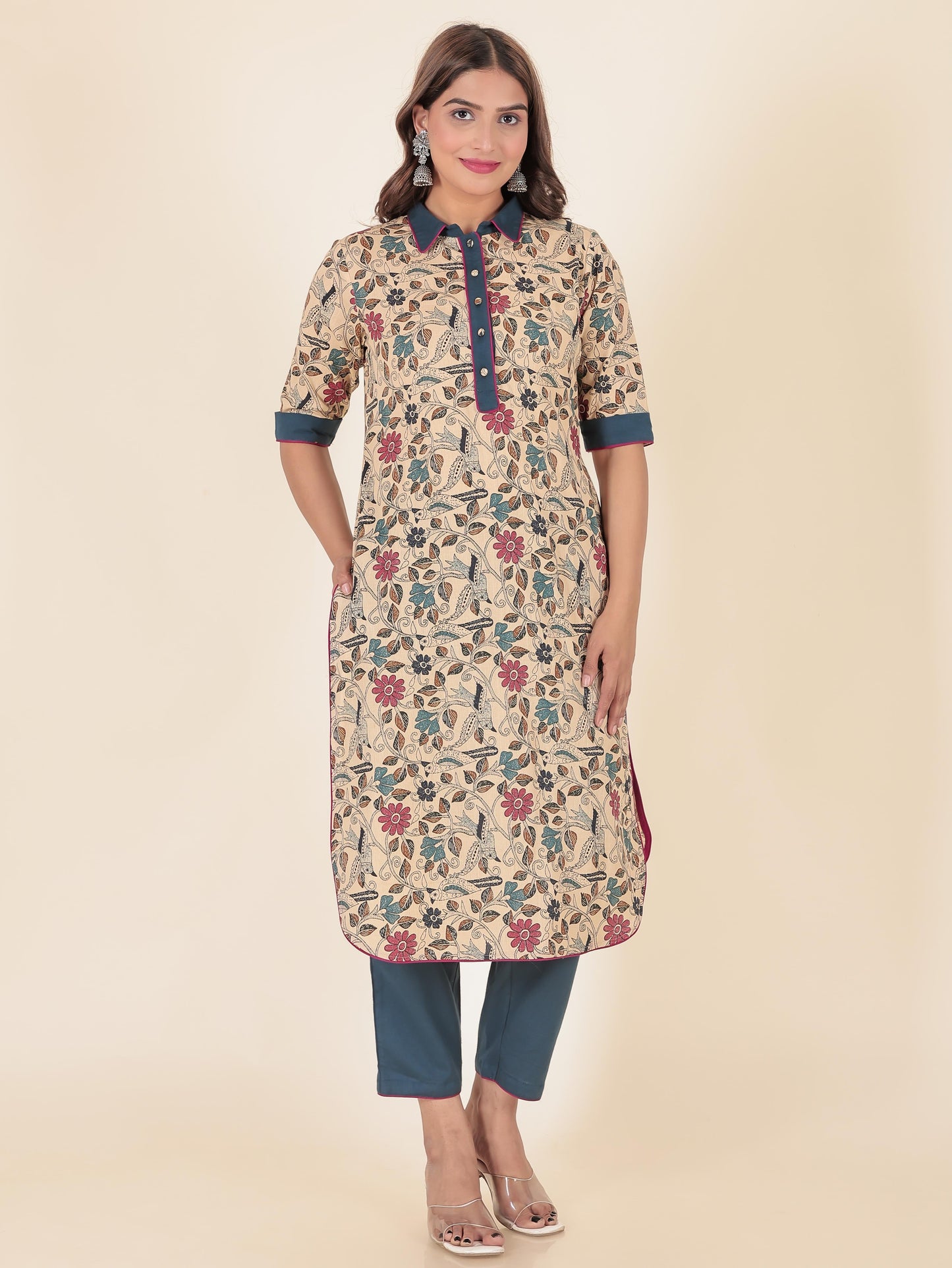 Linen Cotton Floral Pathani Beige Kurta
