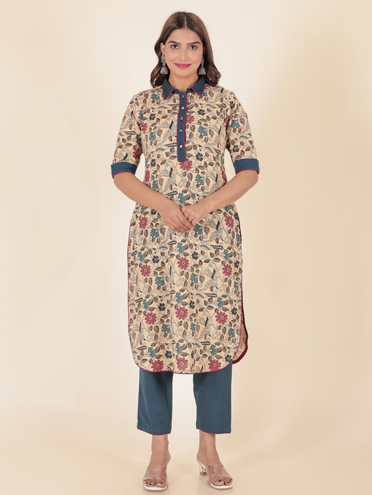 Linen Cotton Floral Pathani Beige Kurta
