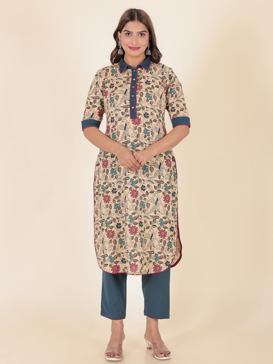 Linen Cotton Floral Pathani Beige Kurta
