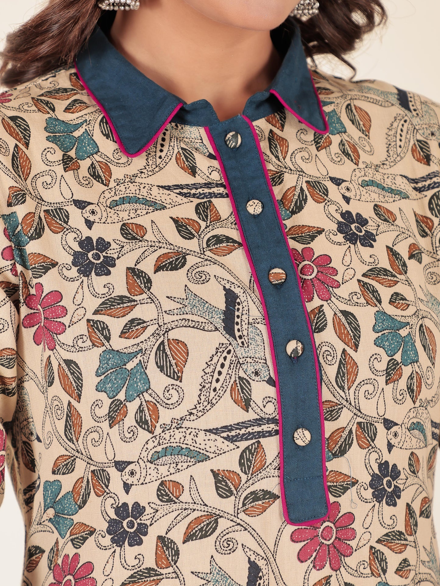 Linen Cotton Floral Pathani Beige Kurta