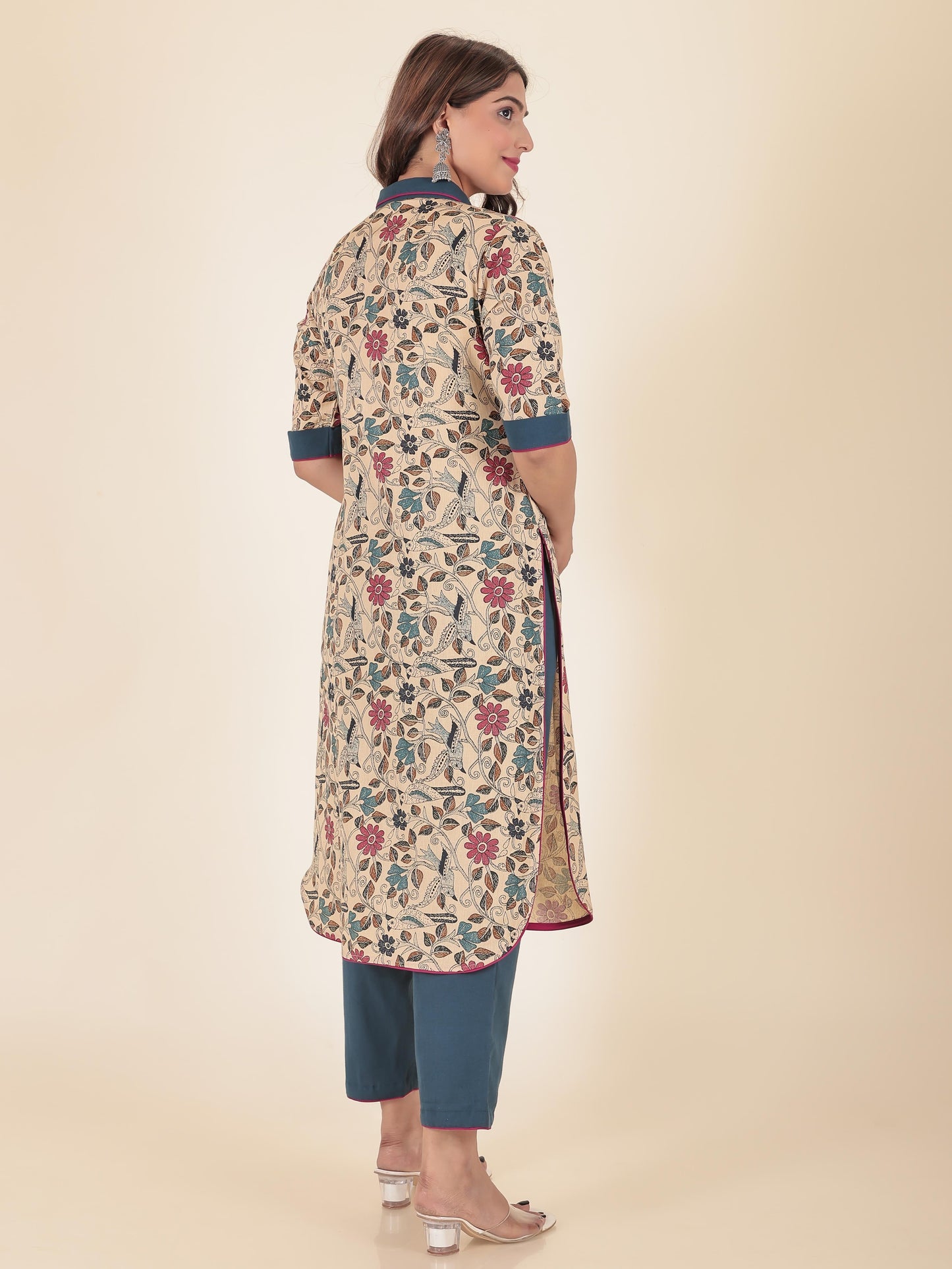 Linen Cotton Floral Pathani Beige Kurta