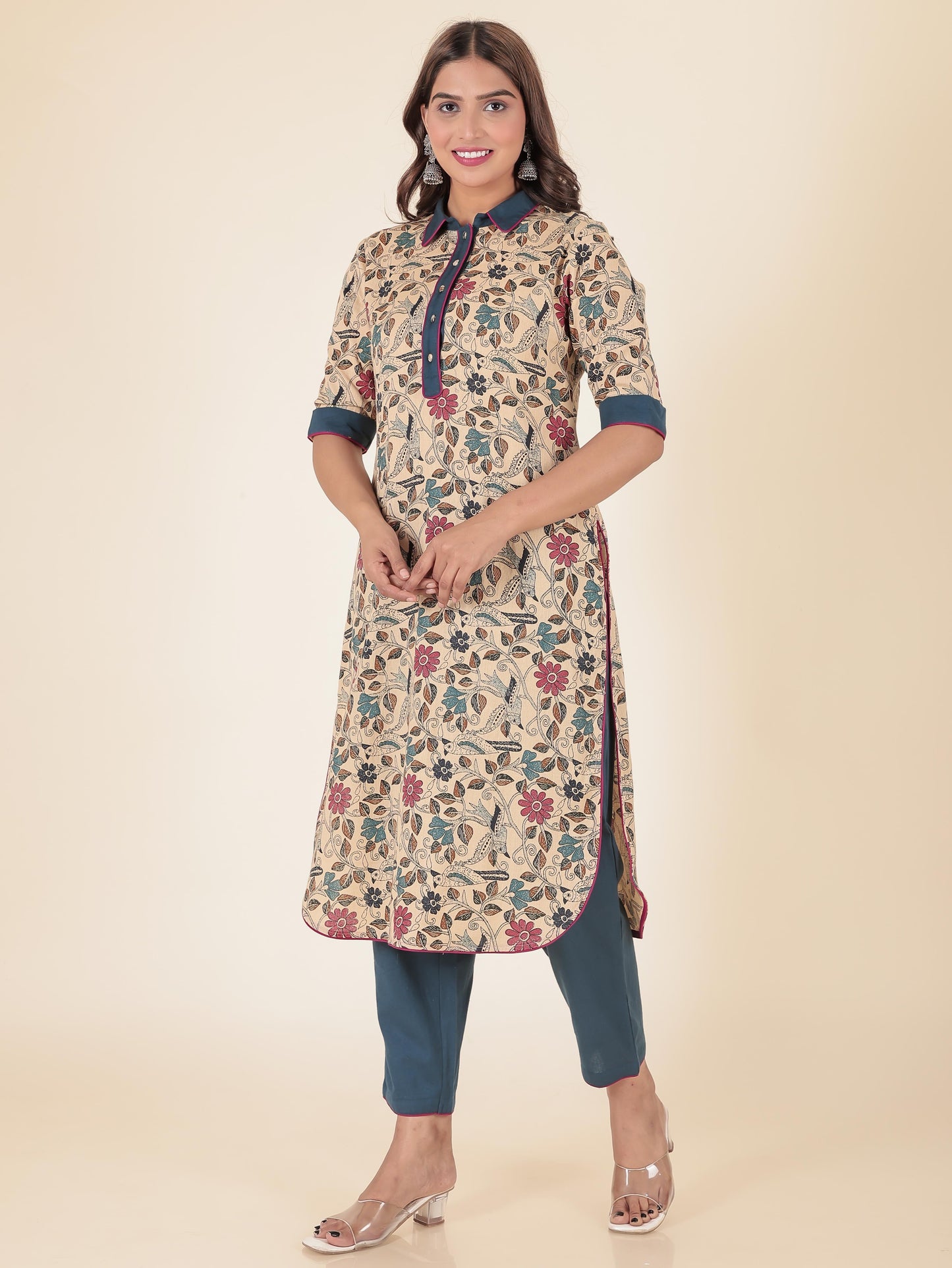 Linen Cotton Floral Pathani Beige Kurta