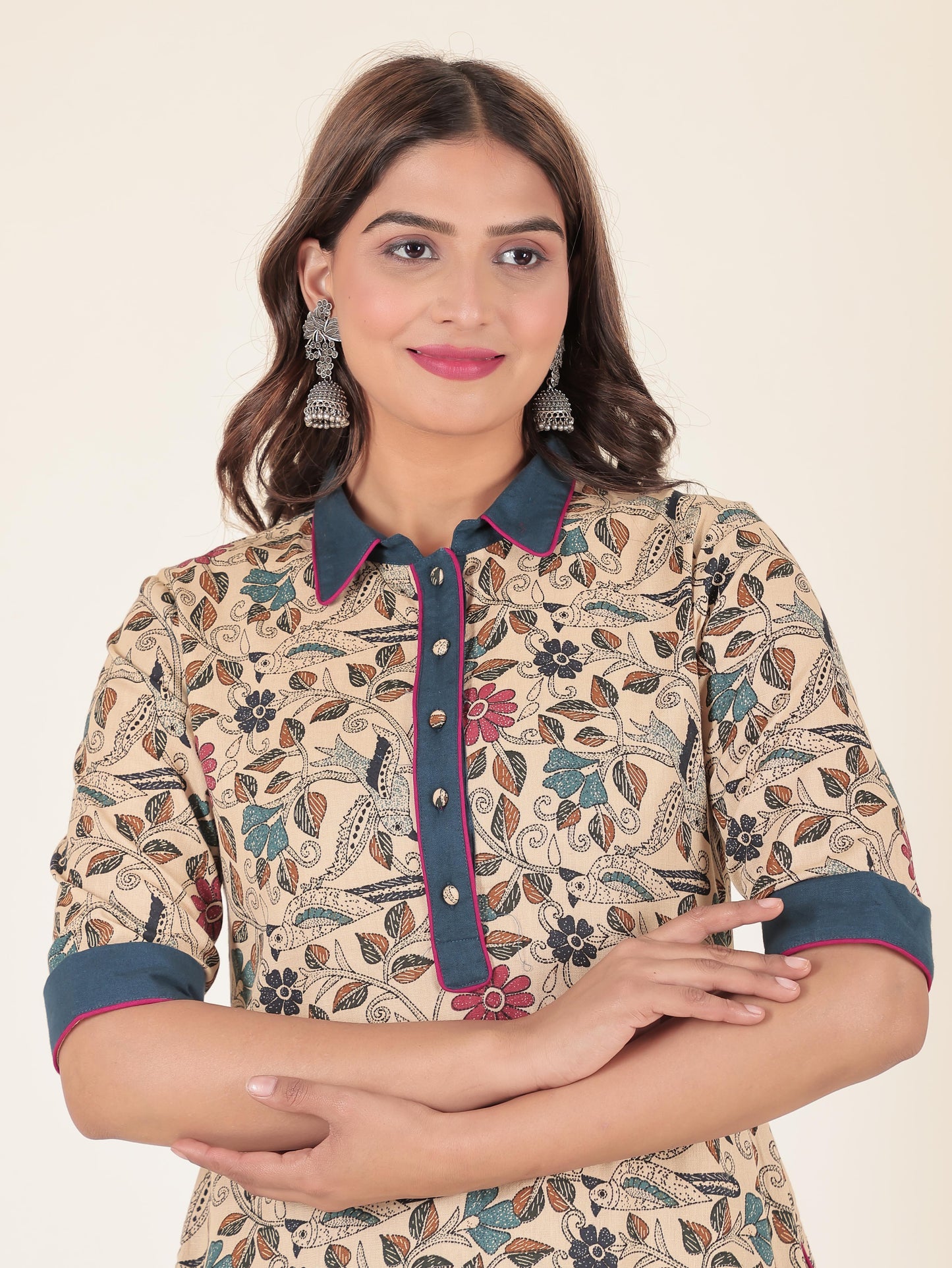 Linen Cotton Floral Pathani Beige Kurta