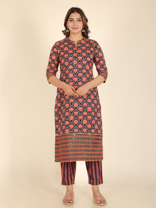 Soft Cotton Floral Straight Blue Kurta