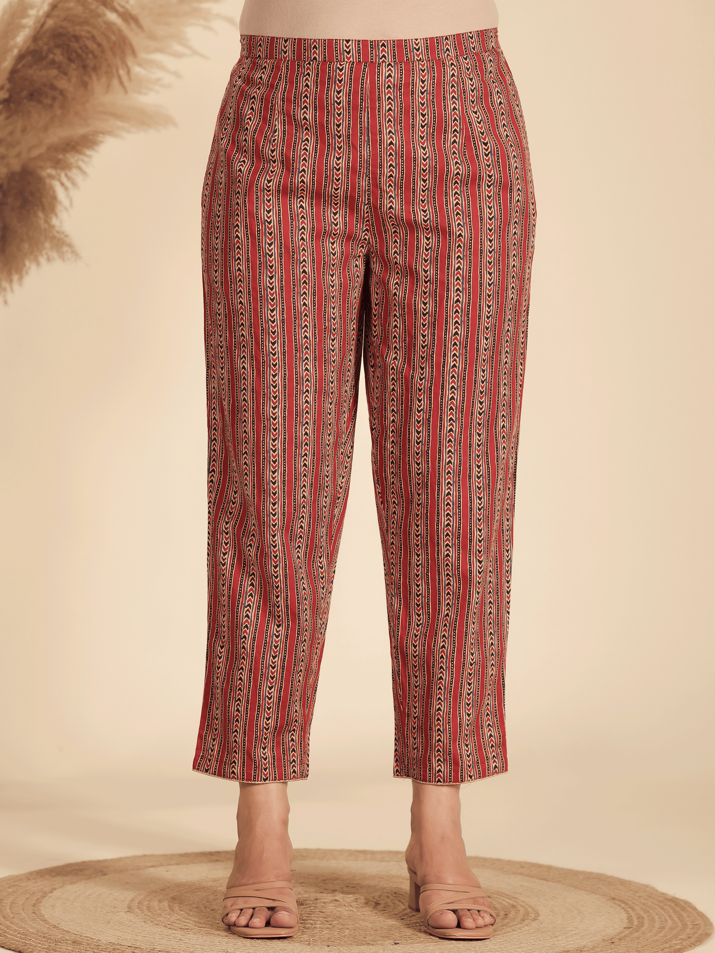 Soft Cotton Striped Red Tapered Tapered Trousers